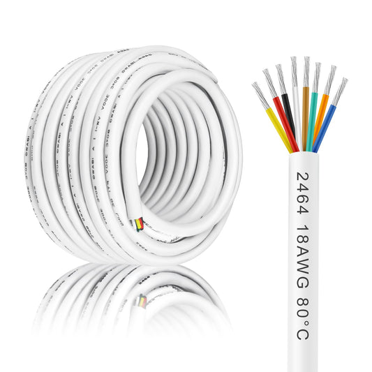 100FT/30M 18 Gauge 8 Conductor White Thermostat Wire, PVC Stranded, Low Voltage Extension Cable for LED Lighting, Automotive