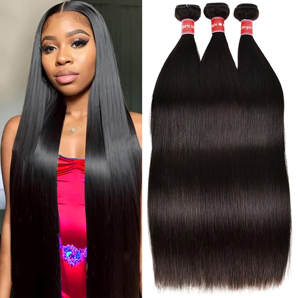 Straight Human Hair Bundles 12A Brazilian Human Hair 3 Bundles 100% Unprocessed Virgin Human Hair Weave Bundles for Black Women Straight Bundles Human Hair Extensions Natural Black Color 20 22 24 Inch