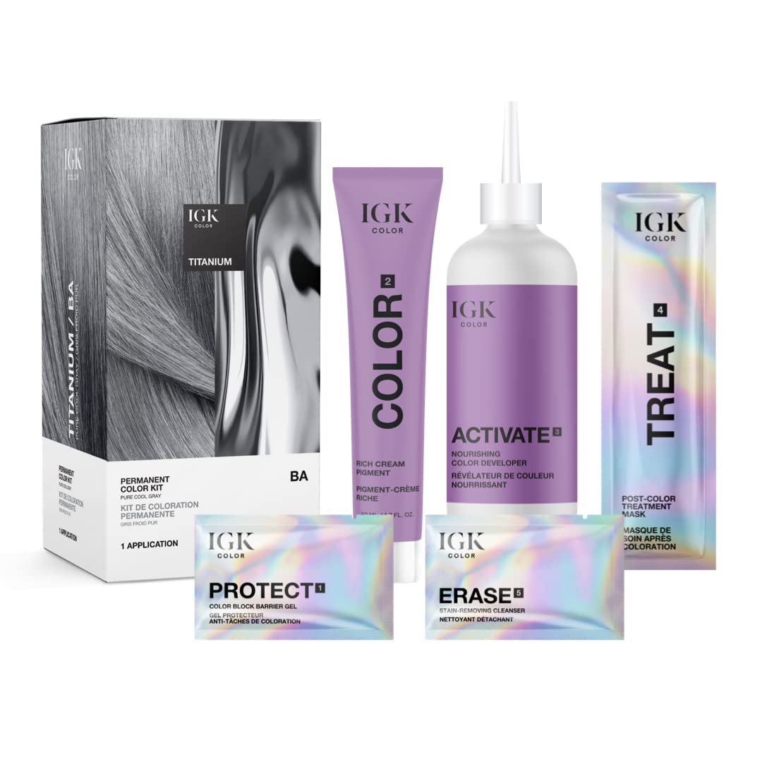 IGK Permanent Hair Color Kit | BA Titanium - Pure Cool Gray | 100% Gray Color Coverage + Strengthen + Shine | Ammonia Free