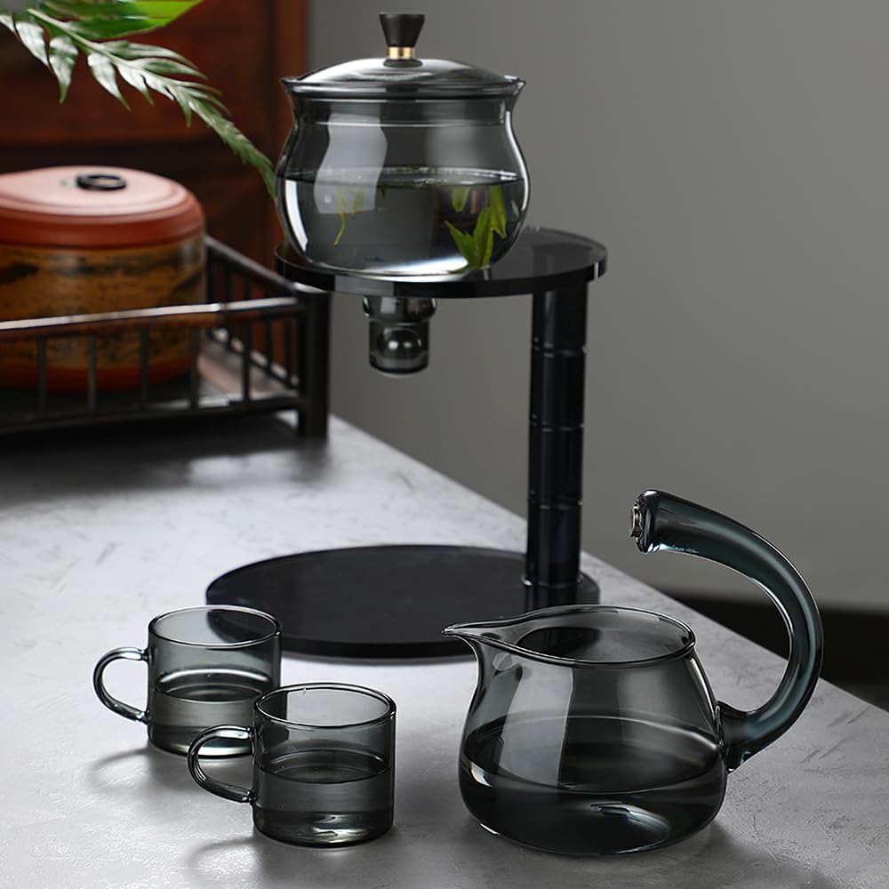 Lazy Kungfu Drip TeaPot, Heat Resistant Tea Set, Semi-Automatic Glass Teapot Suit for Magnetic Water Flow Wooden Glass Teapot Set (Bamboo Glass handle)