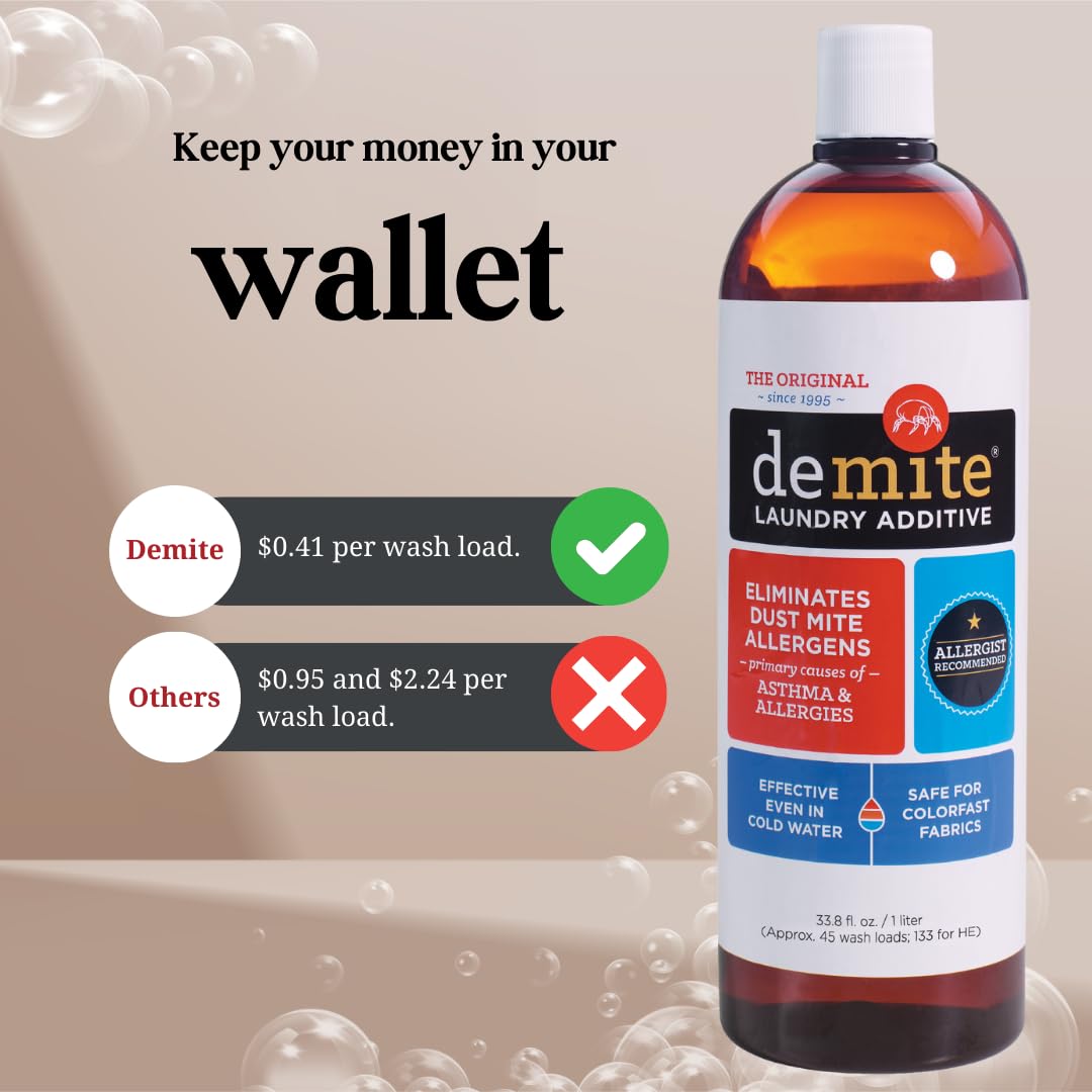 DeMite Laundry Additive - Dust Mite Waste Remover for Allergy Relief, Treatment for Bedding & Clothes, Safe for Children & Pets, Fragrance-Free Gentle Formula, Use with Any Laundry Detergent, 1 Liter