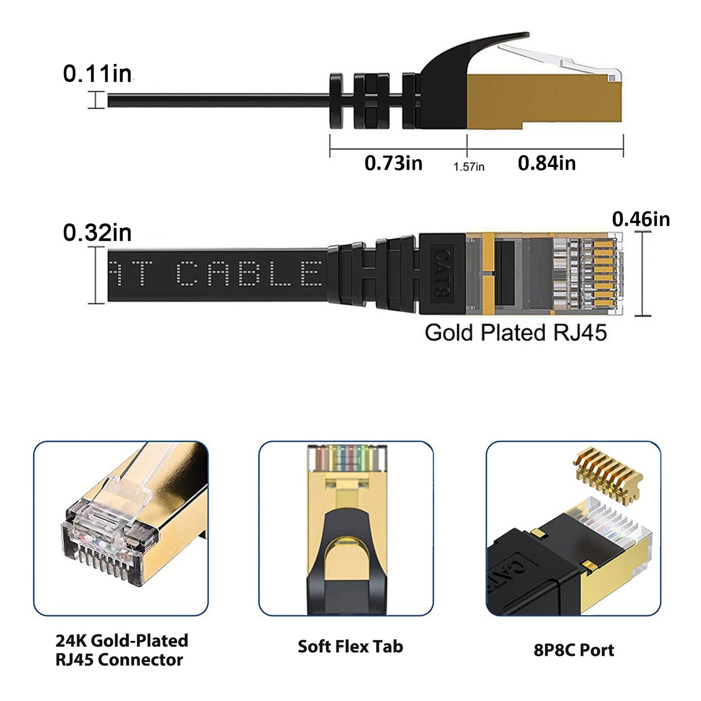 BUSOHE Cat 8 Ethernet Cable 200 FT, 40Gbps 2000MHz CAT8 High Speed Flat Internet Network Patch Cord, Shielded LAN Wire with Gold Plated RJ45 Connector for Outdoor Indoor, with Clips - 200FT Black