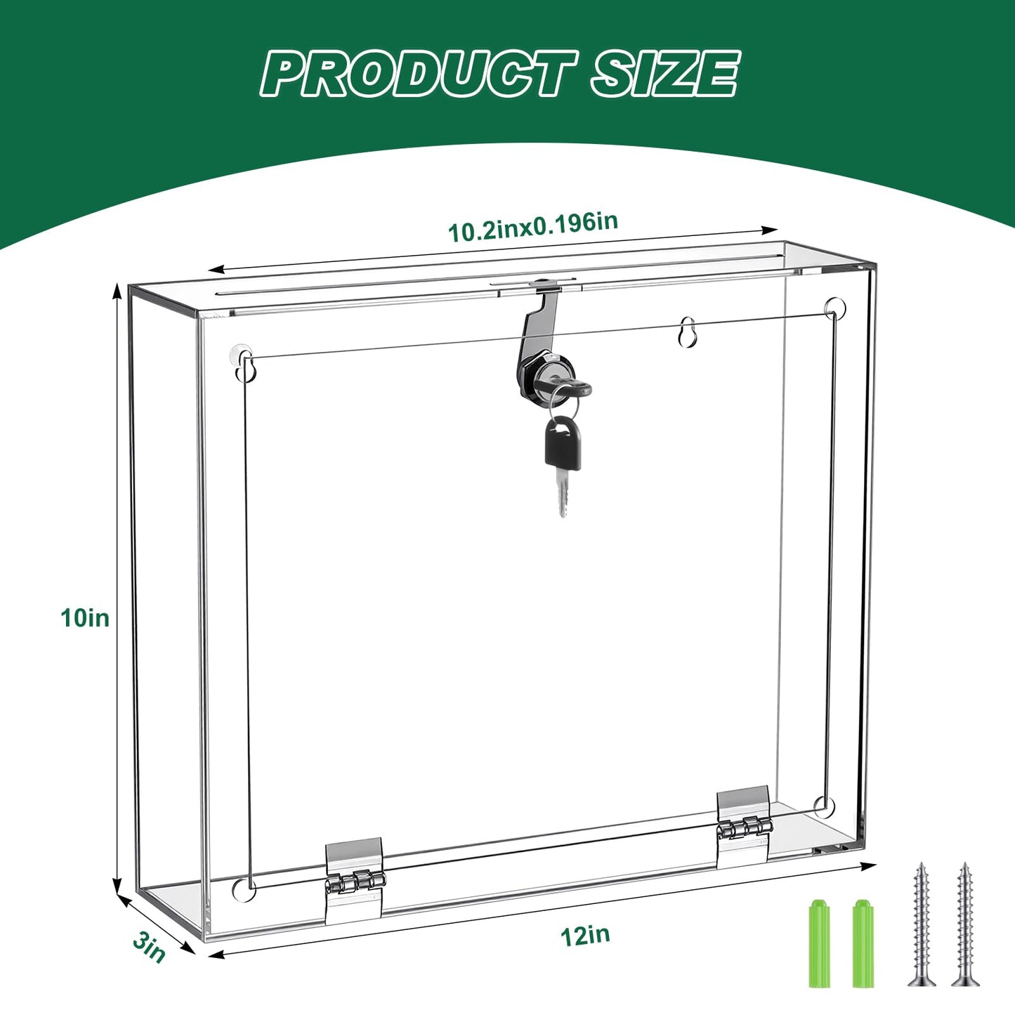 Juexica Acrylic Donation Box with Lock & Sign Holder, Large Clear Locking Suggestion Box for Fundraising Voting Secure Cash Drop, Wall Mounted 4mm Thick Shatter Resistant(12"l X 3"w X 10"h,Upper Lock)