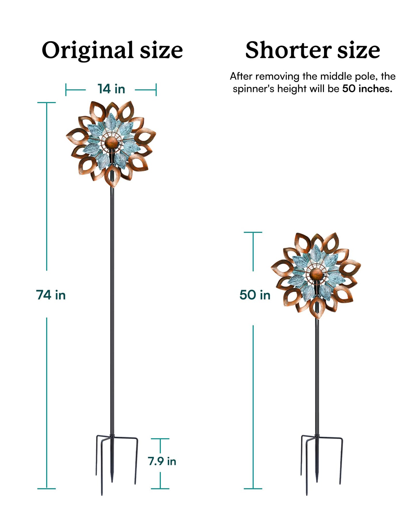 Cyan Oasis Copper Wind Spinners Outdoor 74 Inches with Solar LED Light, Kinetic Dual Wind Sculptures & Spinners for Yard Lawn Garden Decor, Large Metal Clearance Windmill with Bronze Leaf