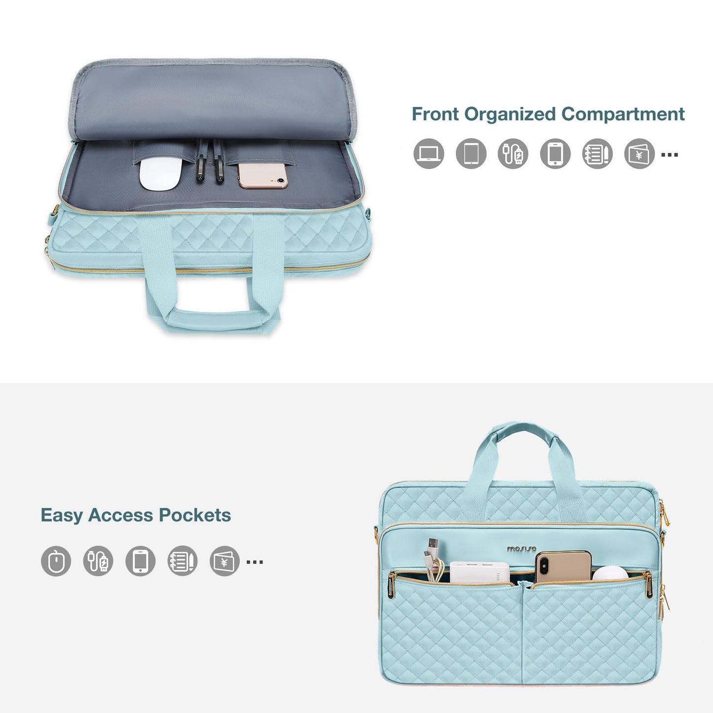 MOSISO 15-16 inch Laptop Bag, Laptop Briefcase Messenger Compatible with MacBook Pro 16/Air 15, HP, Dell, Lenovo, Square Quilted Computer Bag Work Office Business with 3 Pockets&Strap, Ice Blue