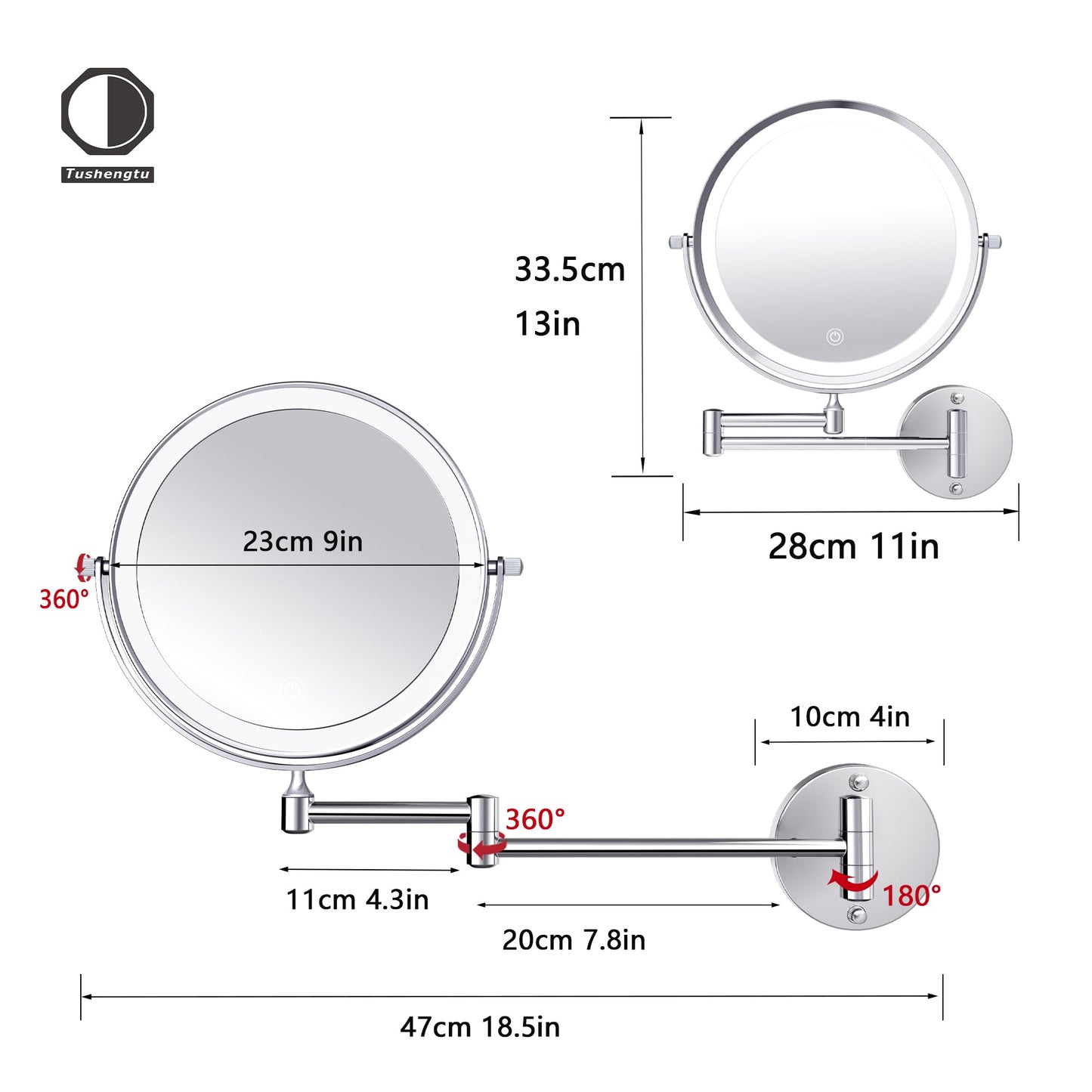 9 Inch Large Rechargeable Lighted Makeup Vanity Mirror Wall Mounted, 1X/10X Magnifying Mirror with Light for Bathroom 3000mAh USB Charging, Chrome Wall Mounted Mirror Swing Arm with 3 Light for Makeup