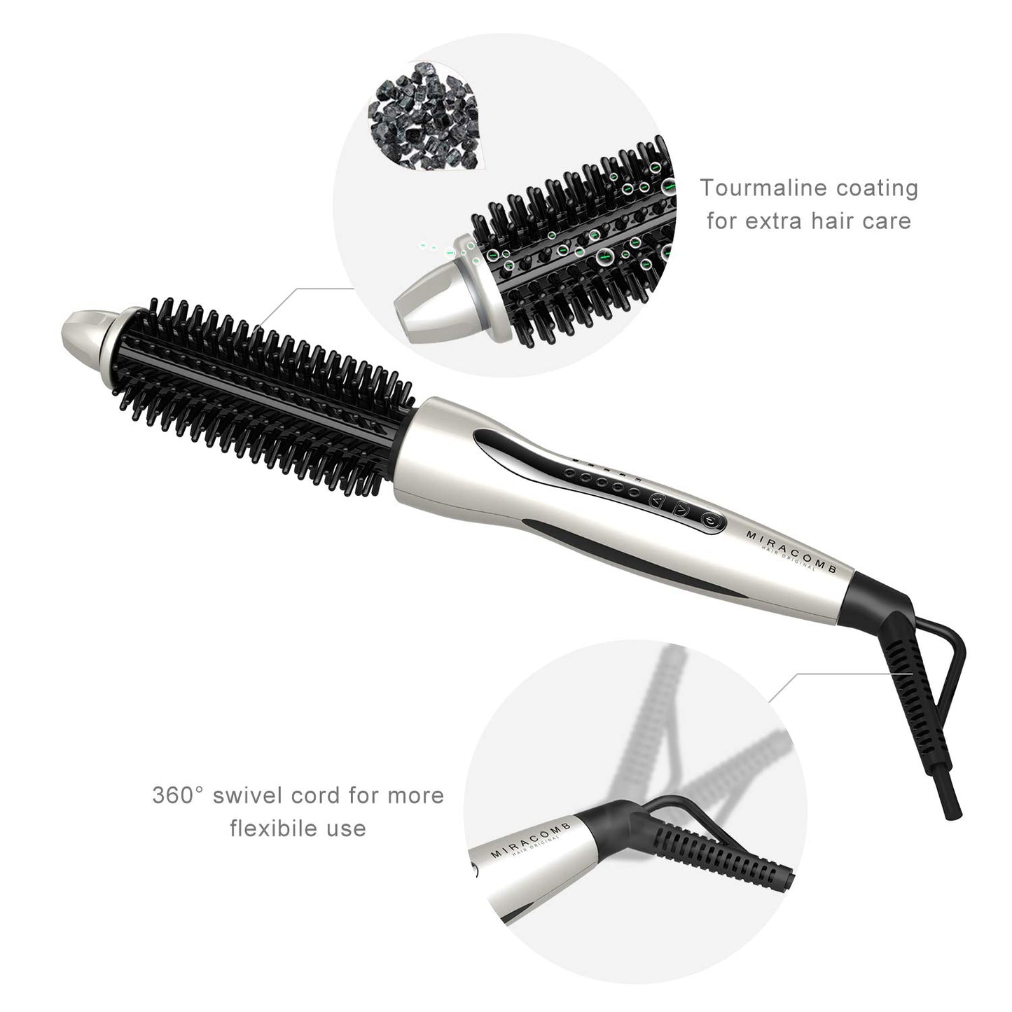 MIRACOMB Hair Curler Straightening Brush - Ceramic Tourmaline Flat Curling Iron - Cool Touch Round Brush PRO Multi Styler with 5 Heat Adjustments, 1 Inch Barrel, White (Enhanced)