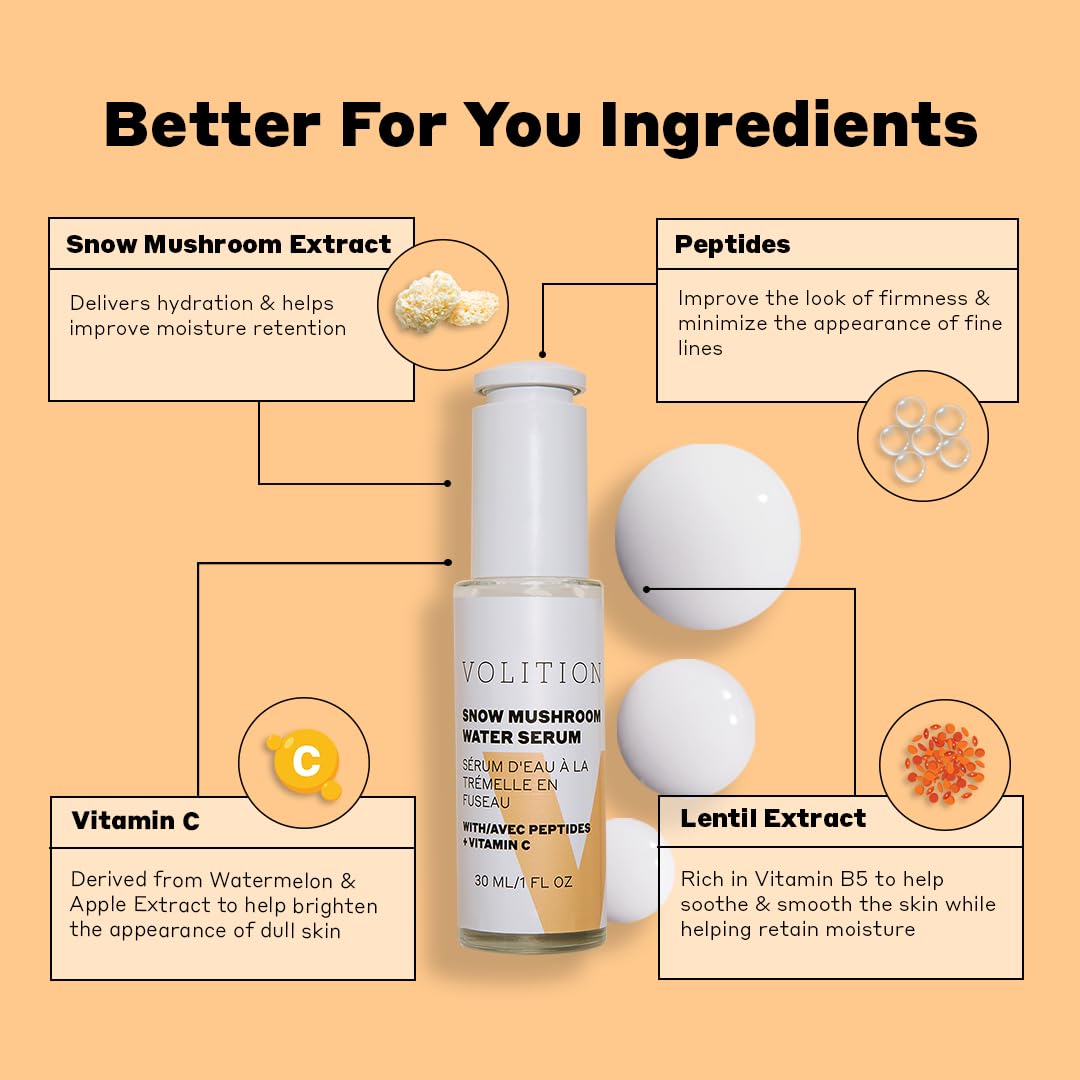 Volition Beauty Snow Mushroom Water Facial Serum - Hydrating Face Serum Improves Moisture Retention While Minimizing Look of Pores & Fine Lines (30ml / 1 fl oz)