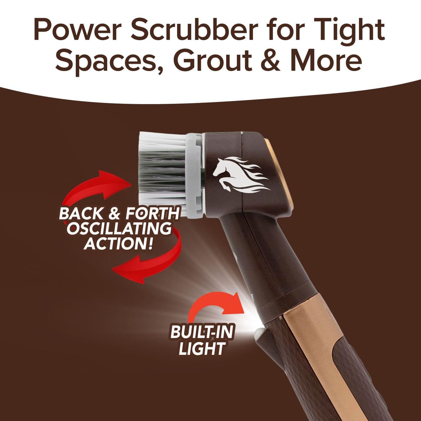 Horsepower Pocket Pony GOLD Edition AS-SEEN-ON-TV Waterproof, Cordless, Pocket-Sized, Oscillating Power Scrubber Deep Clean, Tight Spaces, Rechargeable, Grout Lines, Corners & Detailing, 5 Heads & LED