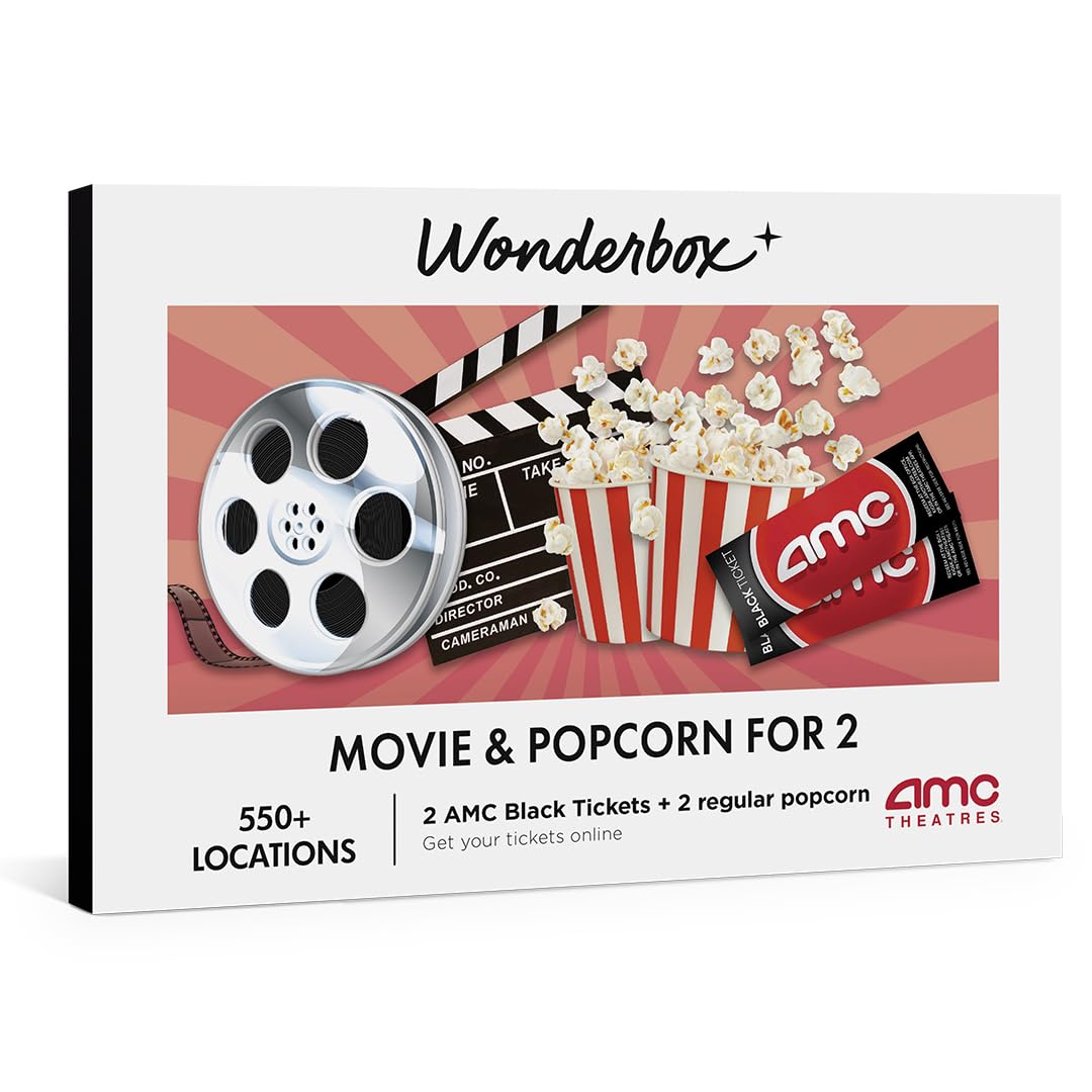 WONDERBOX AMC Movie Night Experience for 2, Gift Box with 2 Movie Tickets and 2 Popcorn, Valid at 550 Locations