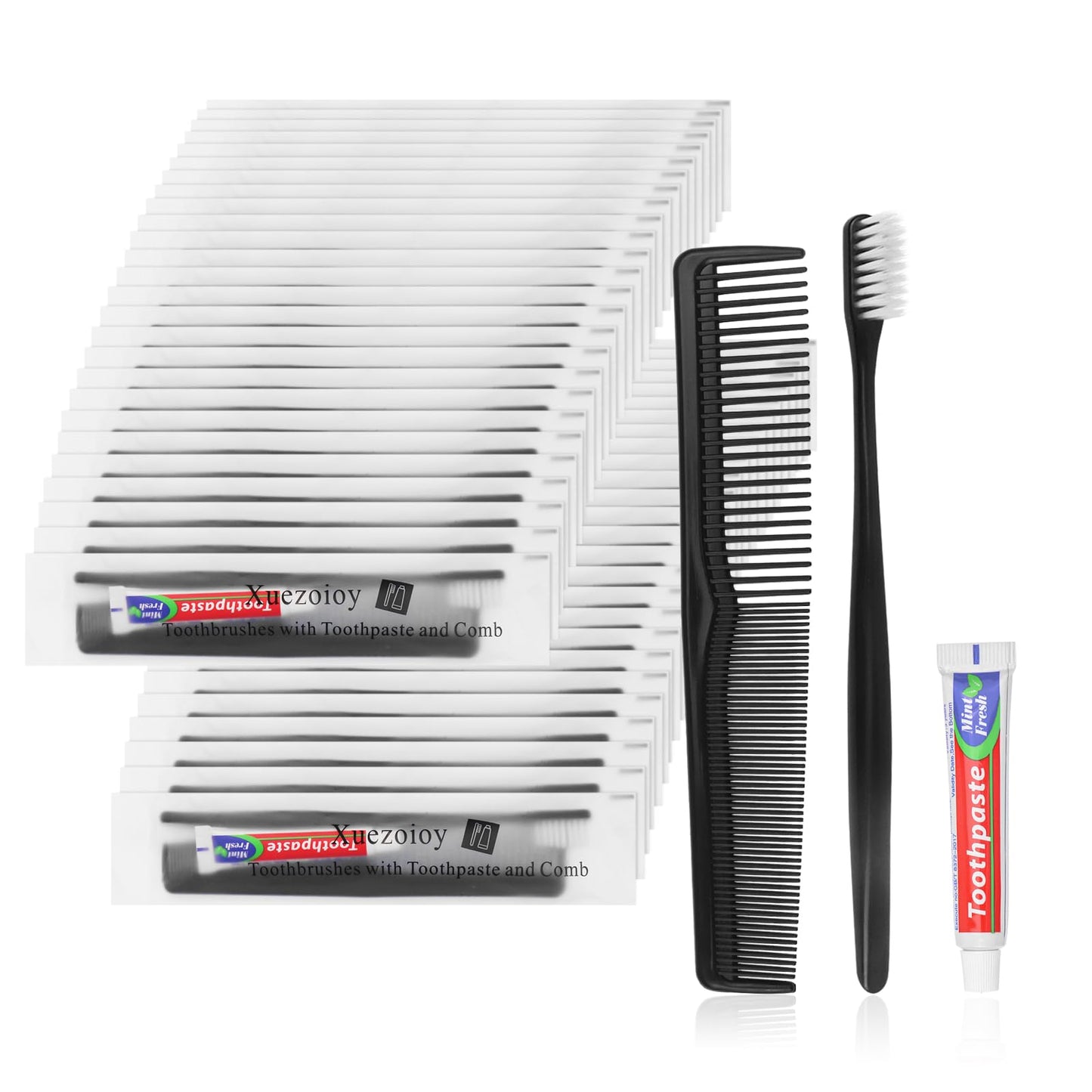 100 Pack Black Disposable Toothbrushes with Toothpaste and Comb Set,10g Toothpaste,7inch Hair Comb,Individually Wrapped Disposable Travel Toothbrushes Kit in Bulk for Homeless,Airbnb,Hotel,Shelter