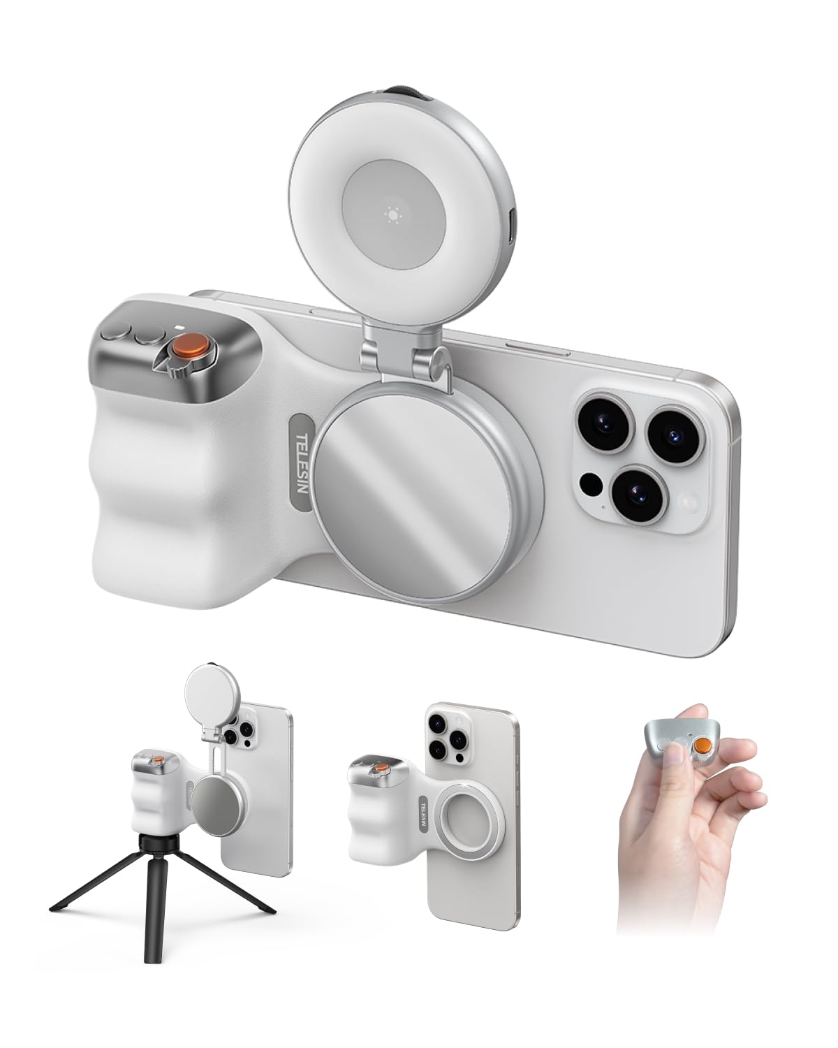 TELESIN Fun Shot Magnetic Phone Camera Grip + C03 Magnetic Selfie Light (Silver) Bundle Kit Compatible with iPhone Magsafe & Android, Creator Kit for Selfies/Photography/TikTok/Zoom Calls/Video