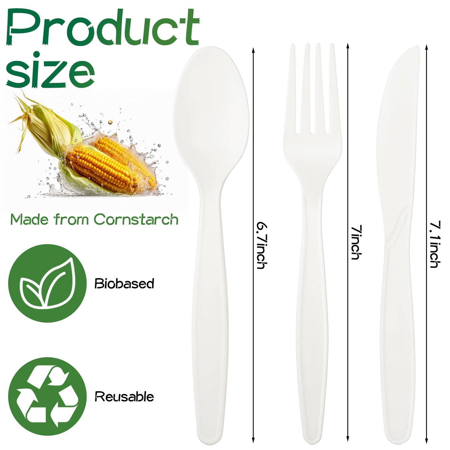 Honeydak Pre Rolled Napkin Cutlery Set 100% Compostable Utensils (200pcs, 50set) 7" Large Disposable Utensils Wrapped Forks Knives Spoons Napkins Cornstarch Silverware Cutlery for Party (White)