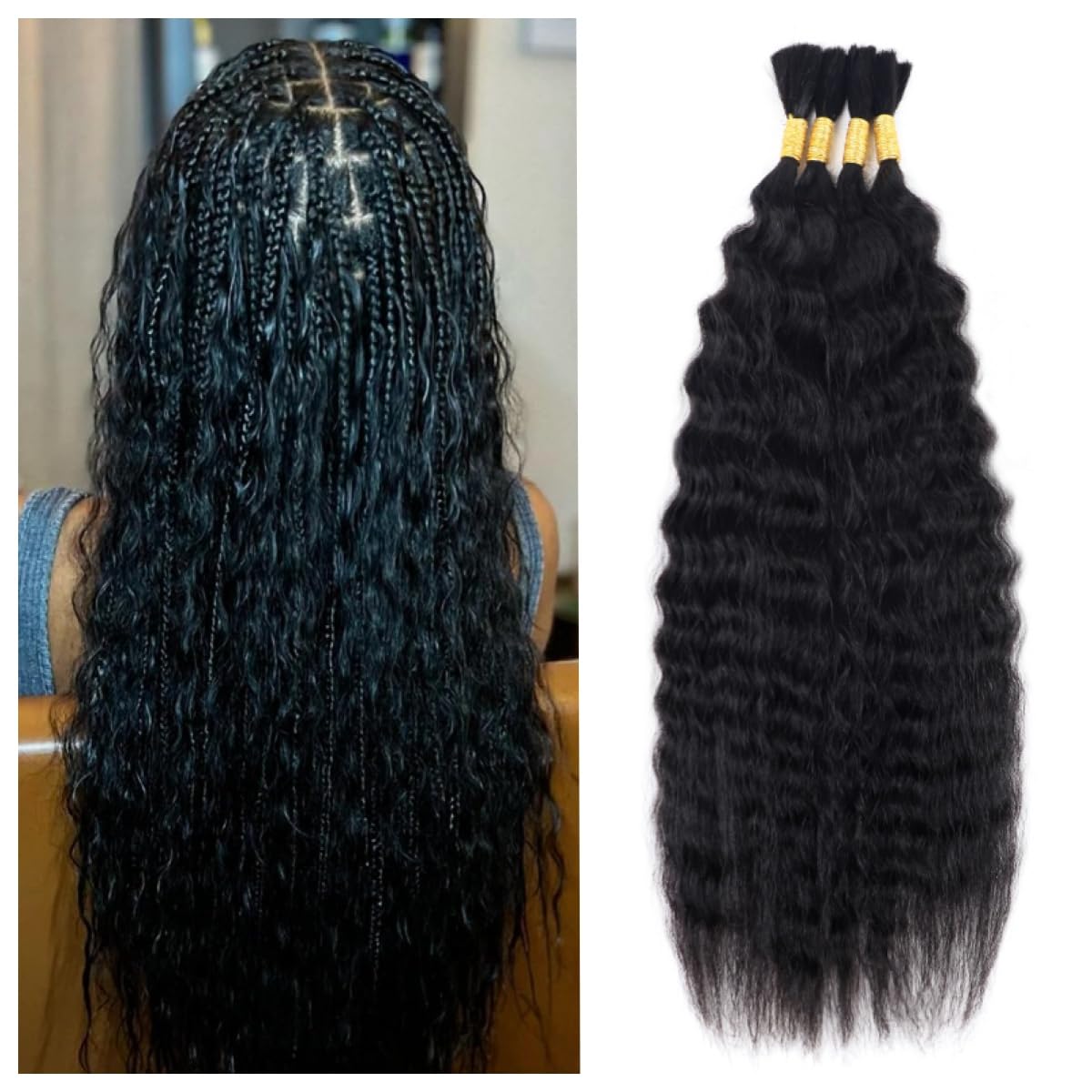 RLHAIR Wet and Wavy Human Braiding Hair Super Wave Bulk Human Hair For Braiding No Weft 100g (1Pack-4PCS) Super French Human Braiding Hair For Boho Braids (Super Wave（#1b）, 16 Inch)
