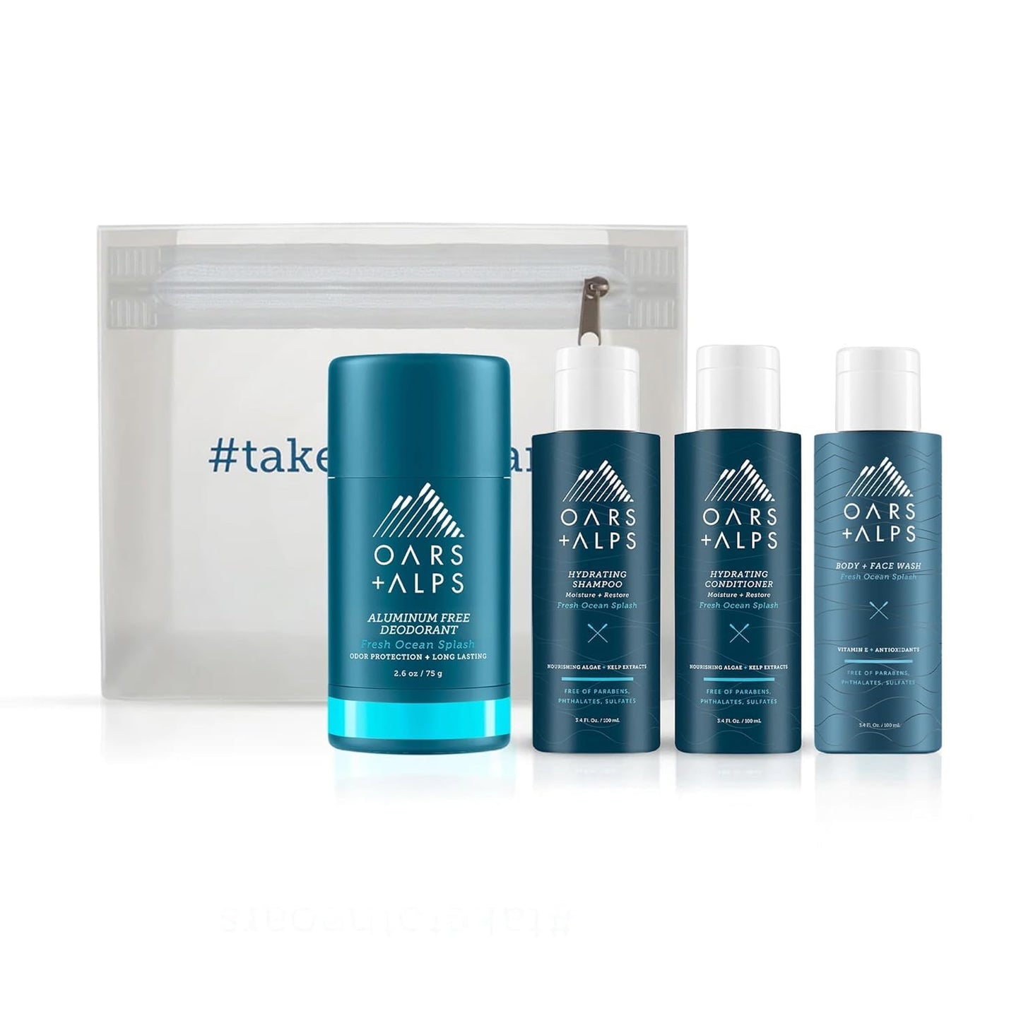 Oars + Alps Hair and Body Travel Kit for Men, Valentines Gifts for Him, Includes Sulfate Free Shampoo, Conditioner, Body Wash, Deodorant, and Reusable Pouch, TSA Friendly, Fresh Ocean Splash Scent