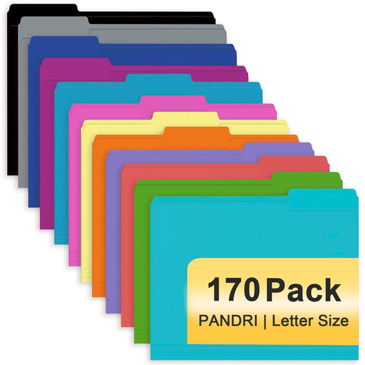 File Folder, PANDRI 170 Pack Colored File Folder, 1/3 Cut Tab, Letter Size, Assorted 12 Colors Filing Folder for Office School Business