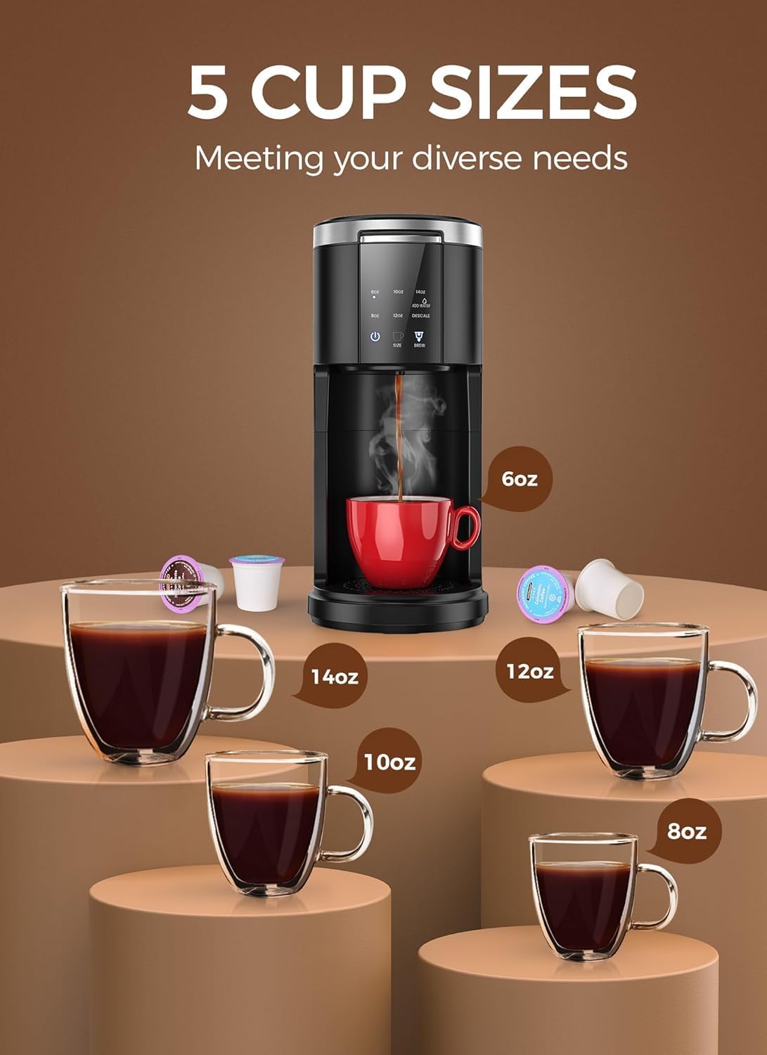 COWSAR Single Serve Coffee Maker, 2 in 1 Coffee Capsule & Ground Coffee Brewer, 40 Oz Removable Water Tank, 5 Brew Sizes 6-14 Oz, Self-cleaning Fast Heating Coffee Machine for Home Office