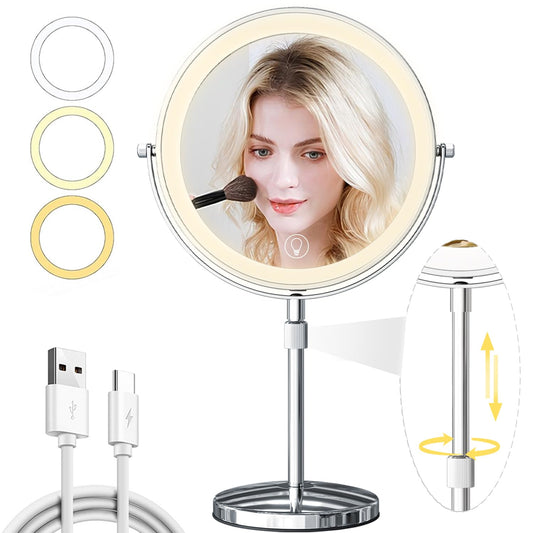 9in Vanity Mirror with Lights, Rechargeable 5000mAh Lighted Makeup Mirror, 1X/20X Double Sided Magnifying Mirror, 360° Rotate, 3 Color Lights, Up to 3800lux with 60 LEDs, Brightness Adjustable,Silvery