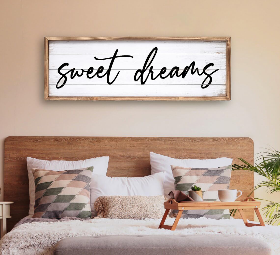 UPPER DECOR Sweet Dreams Wall Decor Above Bed 42''×15'' Large Bedroom Wall Sign Farmhouse Bedroom Sign Wood Framed Guest Room Decor Master Bedroom Wall Decoration