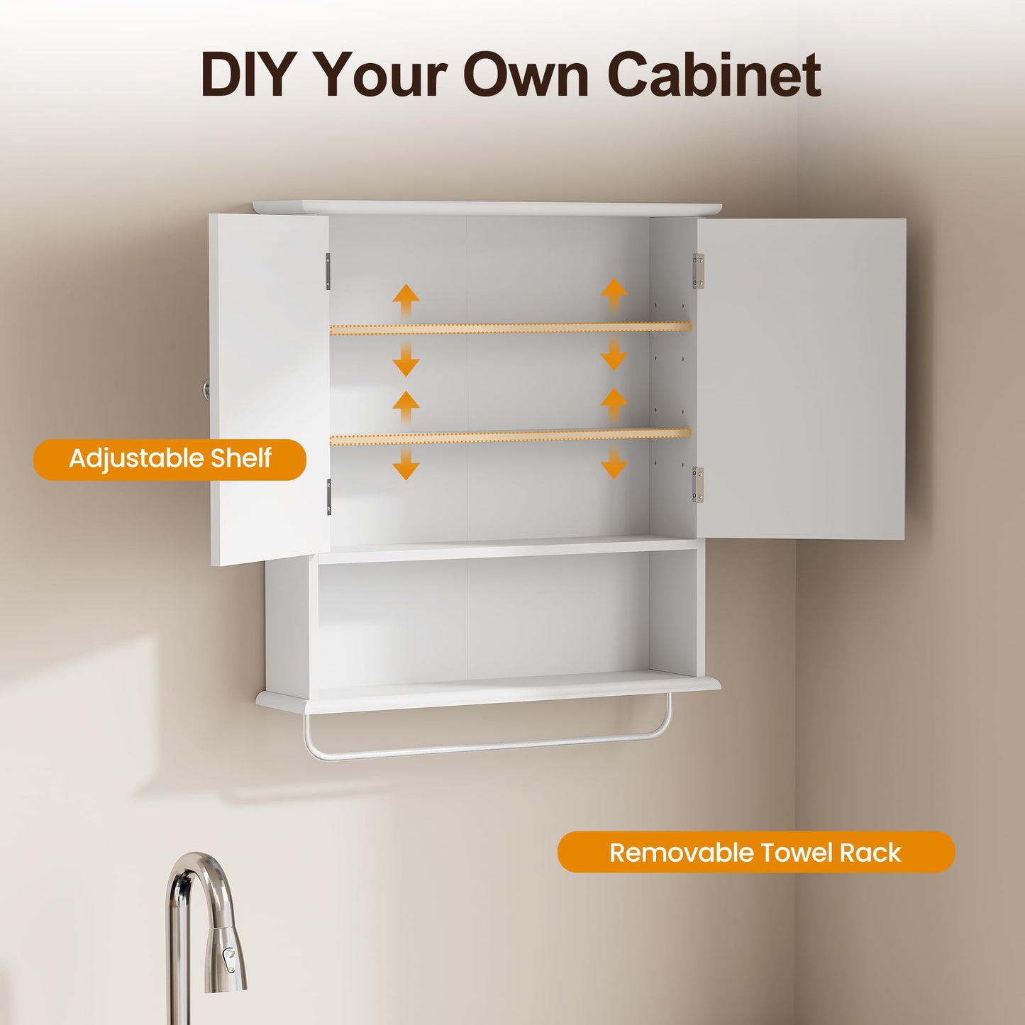 RoyalCraft Bathroom Wall Cabinet with Mirror, Over the Toilet Storage Cabinet with Towel Rack and Adjustable Shelf, Large Bathroom Medicine Cabinet Wall Mount 22x25 inch (White)