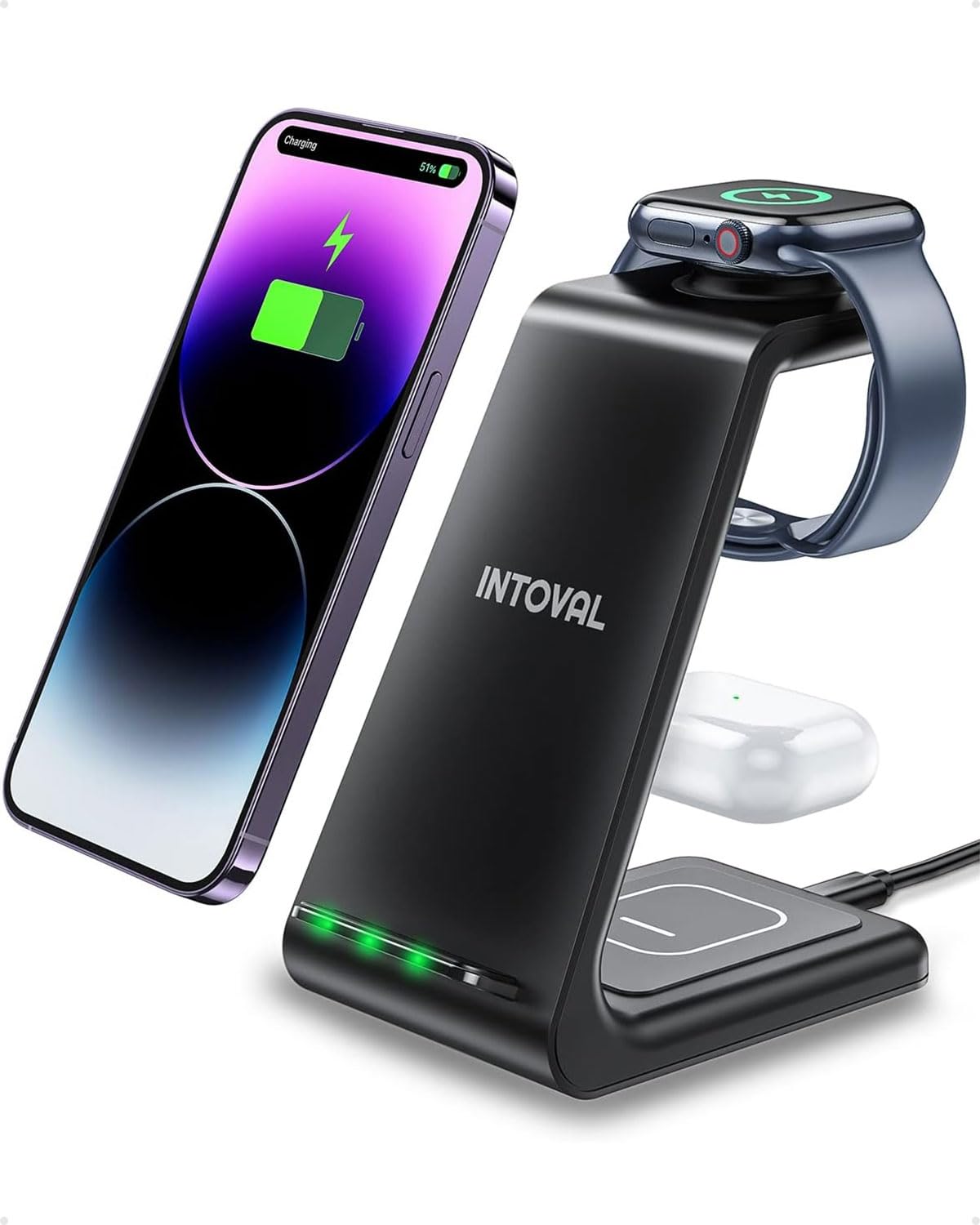 Intoval Wireless Charging Station, 3 in 1 Charger for Apple iPhone/iWatch/Airpods,iPhone16 15,14,13,12,11 (Pro,Pro Max)/XS/XR/XS,iWatch10 9/8/Ultra2/1/7/6/SE/5/4/3/2,Airpods Pro2/Pro1/3 (A3,Black)
