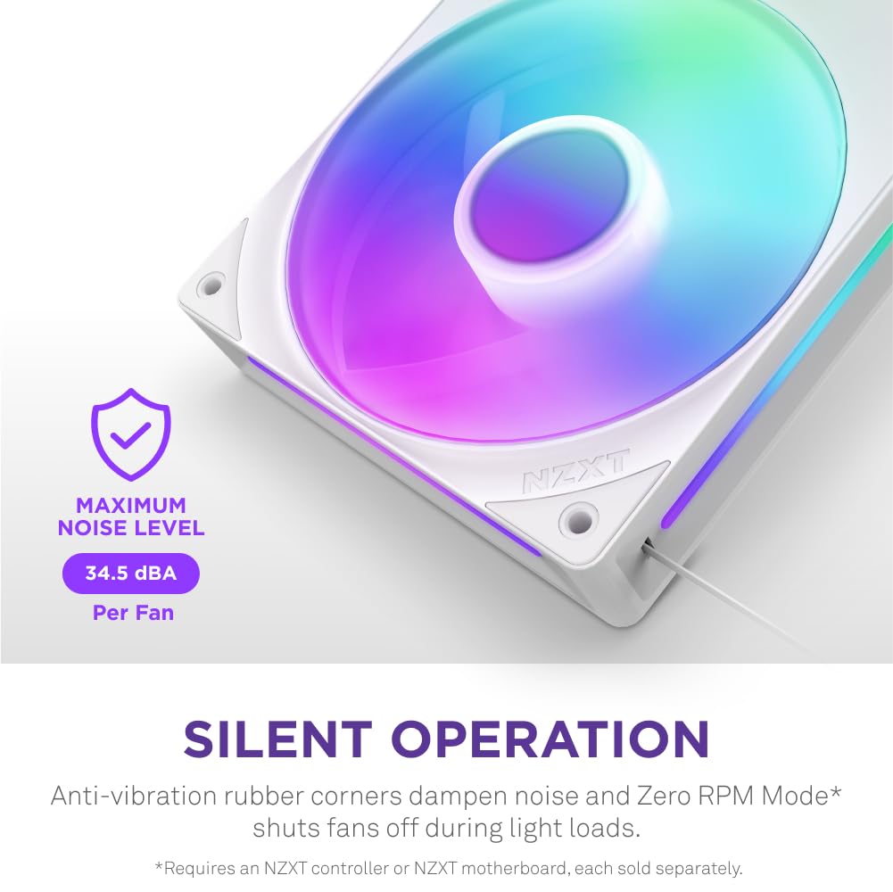 NZXT F280 RGB Core - 280mm Single-Frame Fan Unit with 2 x 140mm RGB Fans - Speed & Lighting Control - High Static Pressure & Airflow - Fluid Dynamic Bearings - 8 aRGB LEDs Per Fan - White