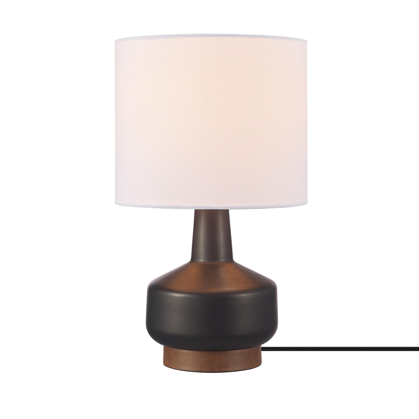 Globe Electric 15" Ceramic Table Lamp, Matte Black Base, Wood-Toned Accent, White Linen Shade, Dual Rotary Switch, Modern Bedroom or Office Lighting, 61000046