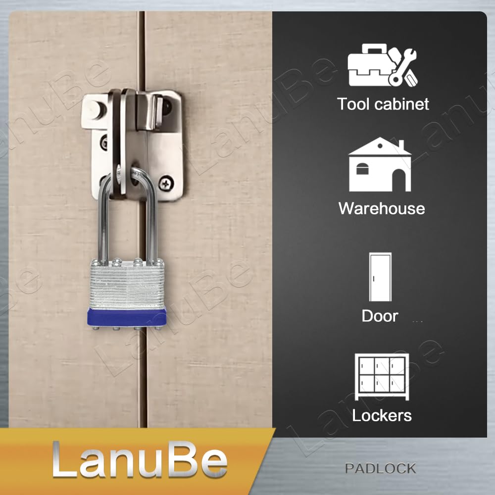 LanuBe Lock Laminated Steel Keyed Padlock,Keyed Alike Locks, Long Shackle Padlock,Pack of 12