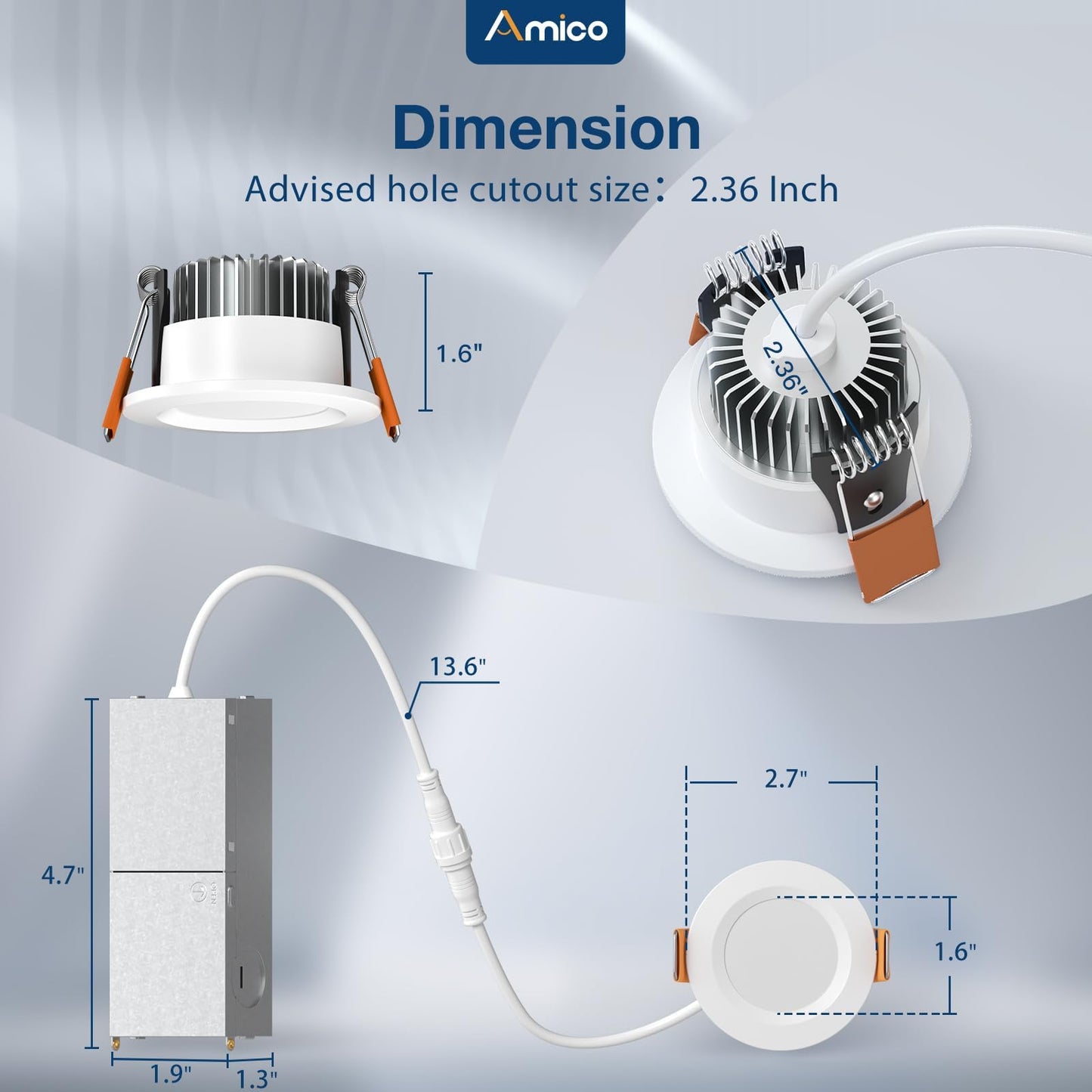 Amico 12 Pack 2 Inch 5CCT Ultra-Thin LED Canless Recessed Ceiling Light with Junction Box, 2700K/3000K/3500K/4000K/5000K Selectable, CRI90+, 6W=40W, 350LM, Dimmable Canless Wafer Downlight-ETL&FCC