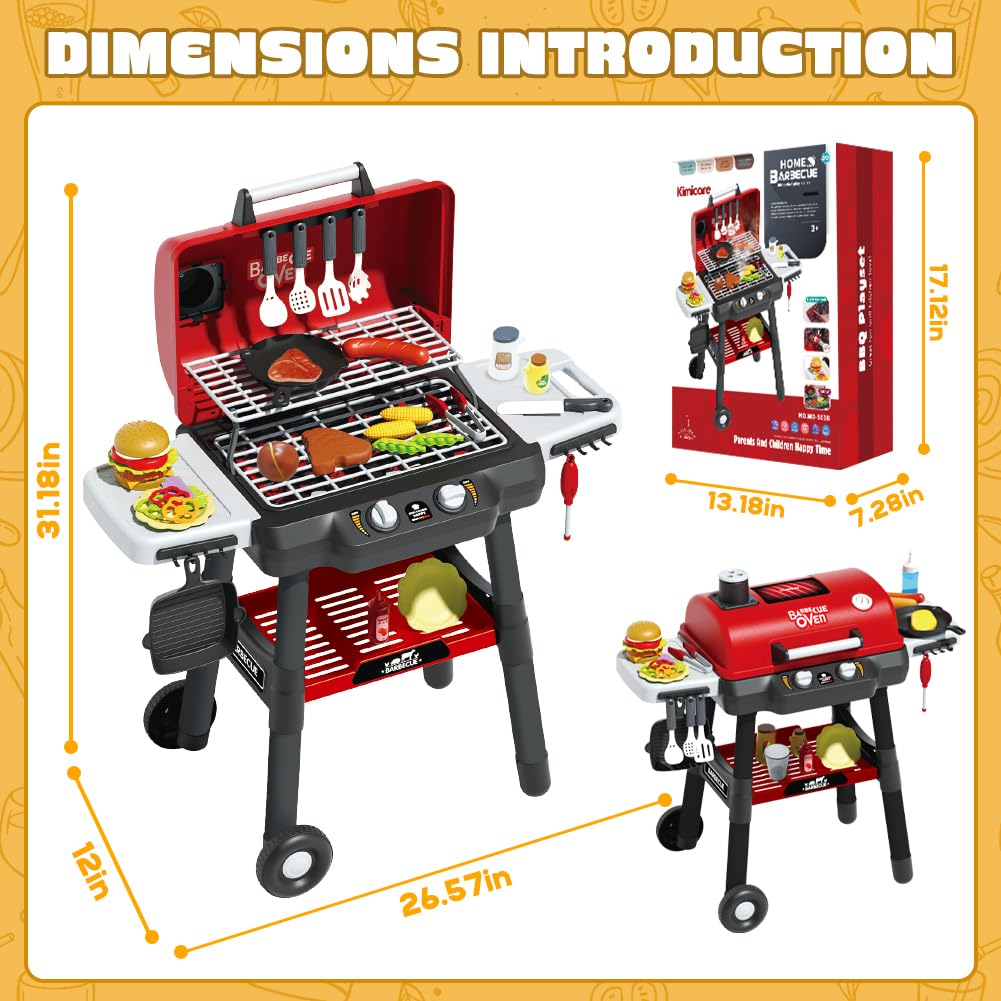 Kids BBQ Grill Playset, Kitchen Playset with Smoke Sound Light and Wheel, Movable Pretend Play Toy Grills for Kids Ages 4-8, 2-Layer Outdoor Cooking Toys for Toddlers 3-5 Birthday Gifts