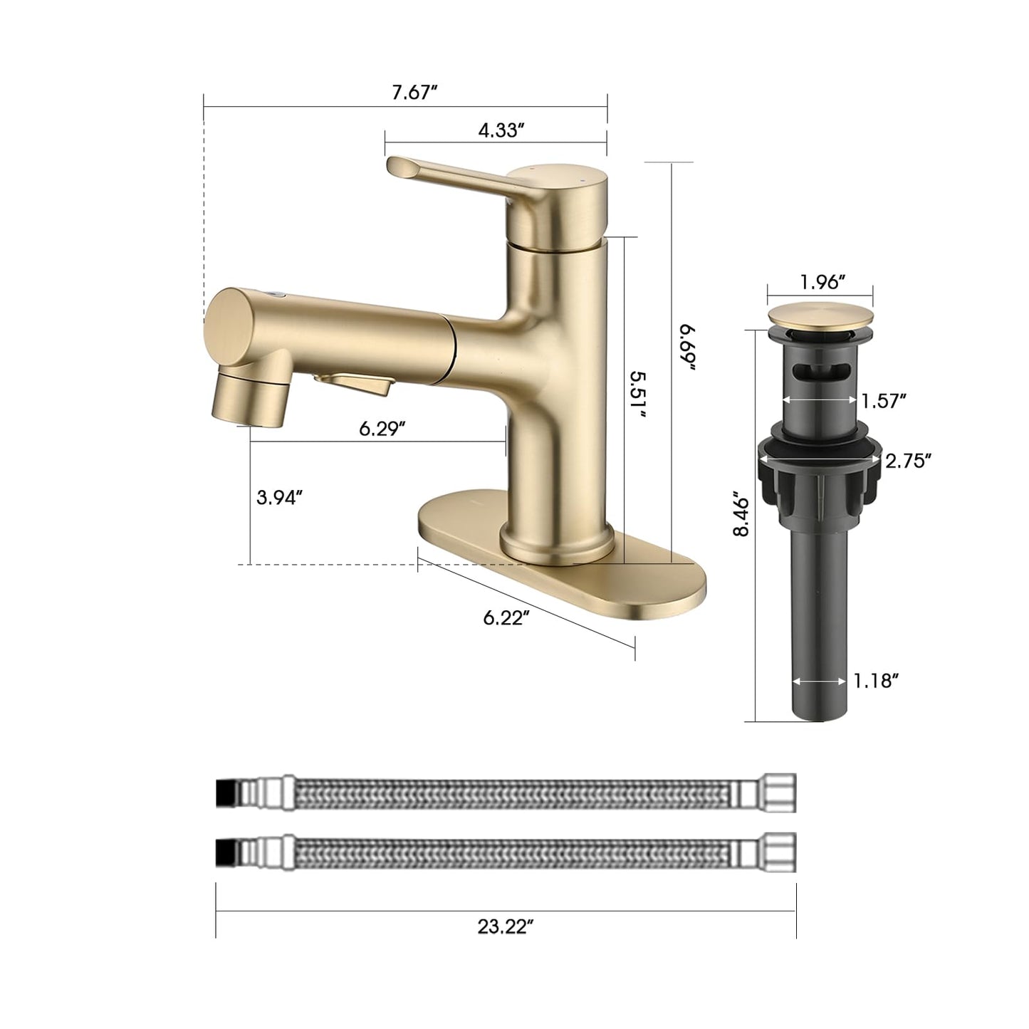 Besfelos Bathroom Sink Faucet with Pull Out Sprayer, Single Handle Modern Bathroom Basin Faucet with Pop-up Sink Drain Stopper & Deck Plate 1 or 4-inch Centerset 3 Hole, Gold