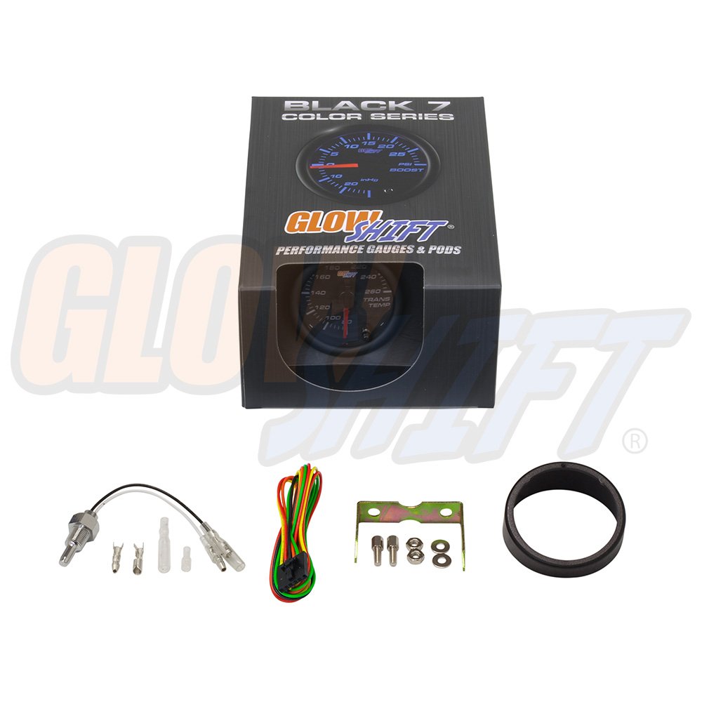 GlowShift Black 7 Color 260F Automatic Transmission Temp Gauge Kit - Includes 1/8-27 NPT Electronic Sensor & Wiring - Multi-Color Display - Black Dial - Clear Lens - for Car & Truck - 2-1/16" 52mm