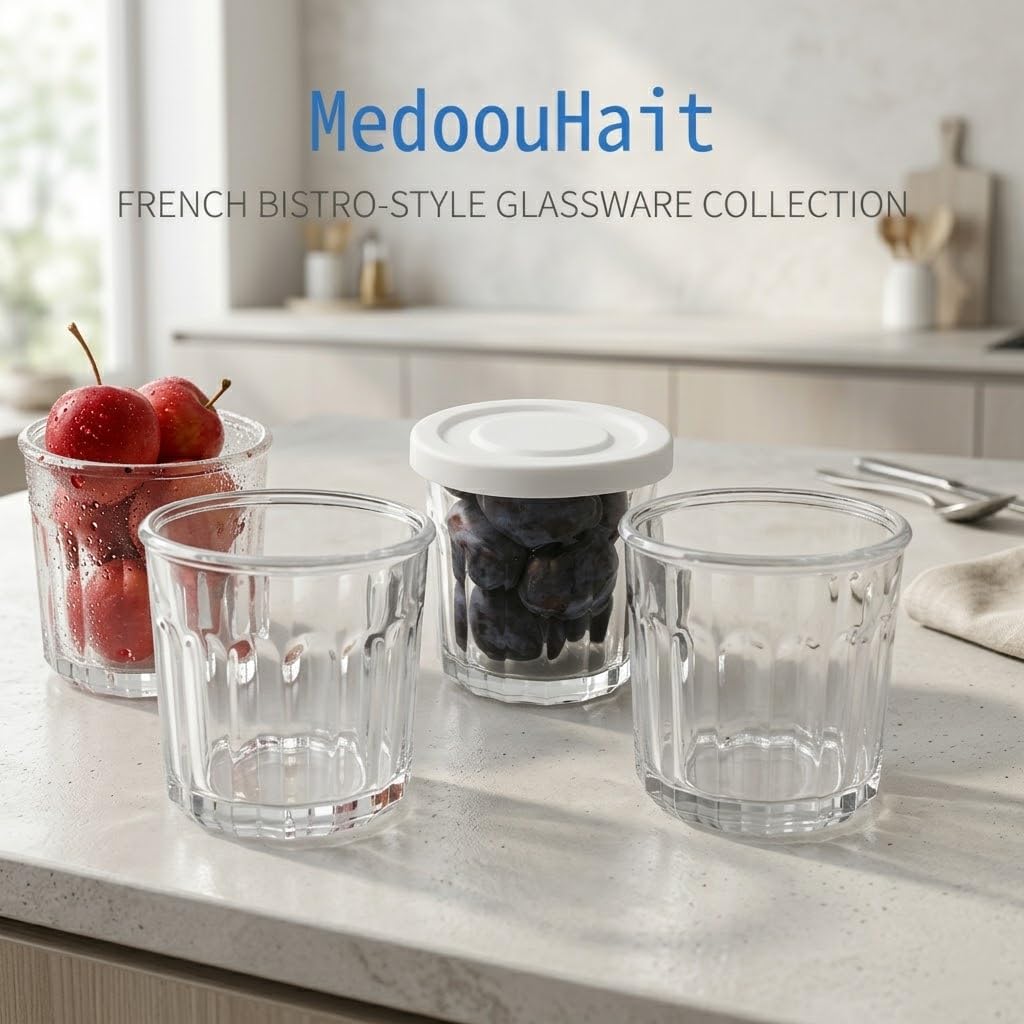 MedoouHait Working Glass Cups with Lids Set of 4,13.5oz Thick Drinking Glasses, Heavy Duty Glass Tumblers, Stackable Food Storage Jars,Clear Picardie Style Glassware