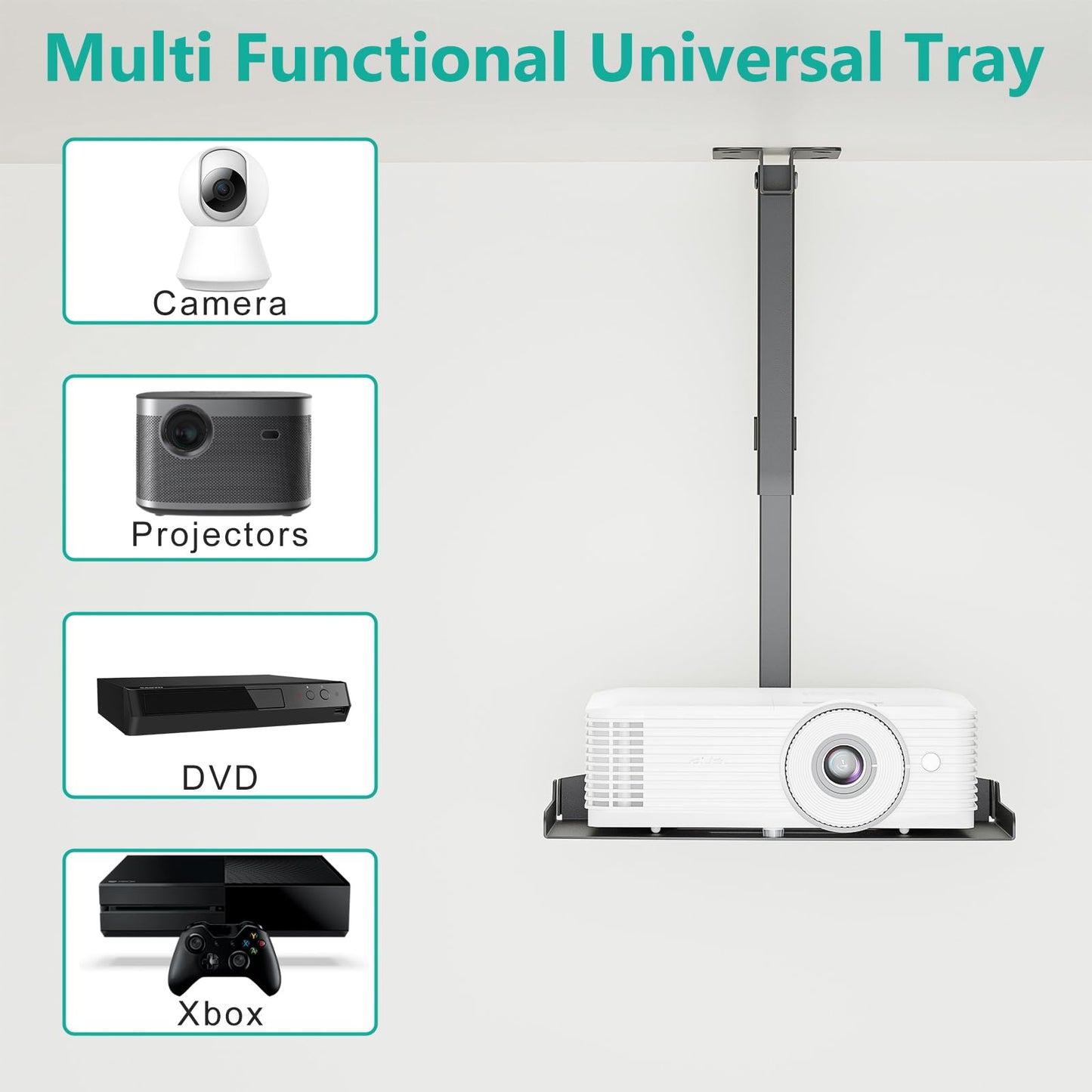 WALI Projector Ceiling Mount Tray，Projector Wall Mount Holds up to 22lbs, Height Adjustable Universal Projector Mount, No Hole Installation, Hidden Cable Routing, Black(PM-005-B)