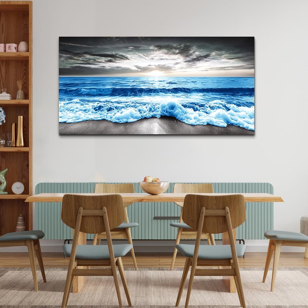 MHARTK66 Wall Art For Living Room Large Wall Decor For Office Modern Bedroom Wall Decor Blue Beach Sun Ocean Landscape Canvas Prints Wall Paintings Seascape Framed Pictures Artwork Home Decor 40x20