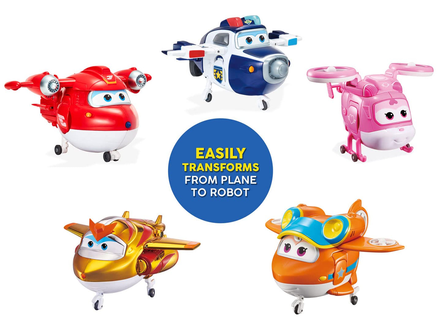 Super Wings 5" Transforming Toys 5-Pack, Supercharged Jett, Supercharged Paul, Supercharged Dizzy, Golden Boy & Sunny Airplane Toys Action Figures, Preschool Toy Plane for 3 4 5 Year Old Kids