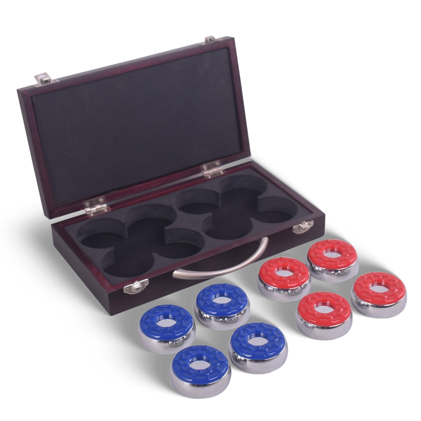 Hathaway Shuffleboard Pucks Set of 8 – Regulation Sized Shuffleboard Discs with Dimpled Top for Easy Grip & Beveled Edge for Better Control, & Sturdy Dark Cherry Wooden Case – Shuffleboard Accessories