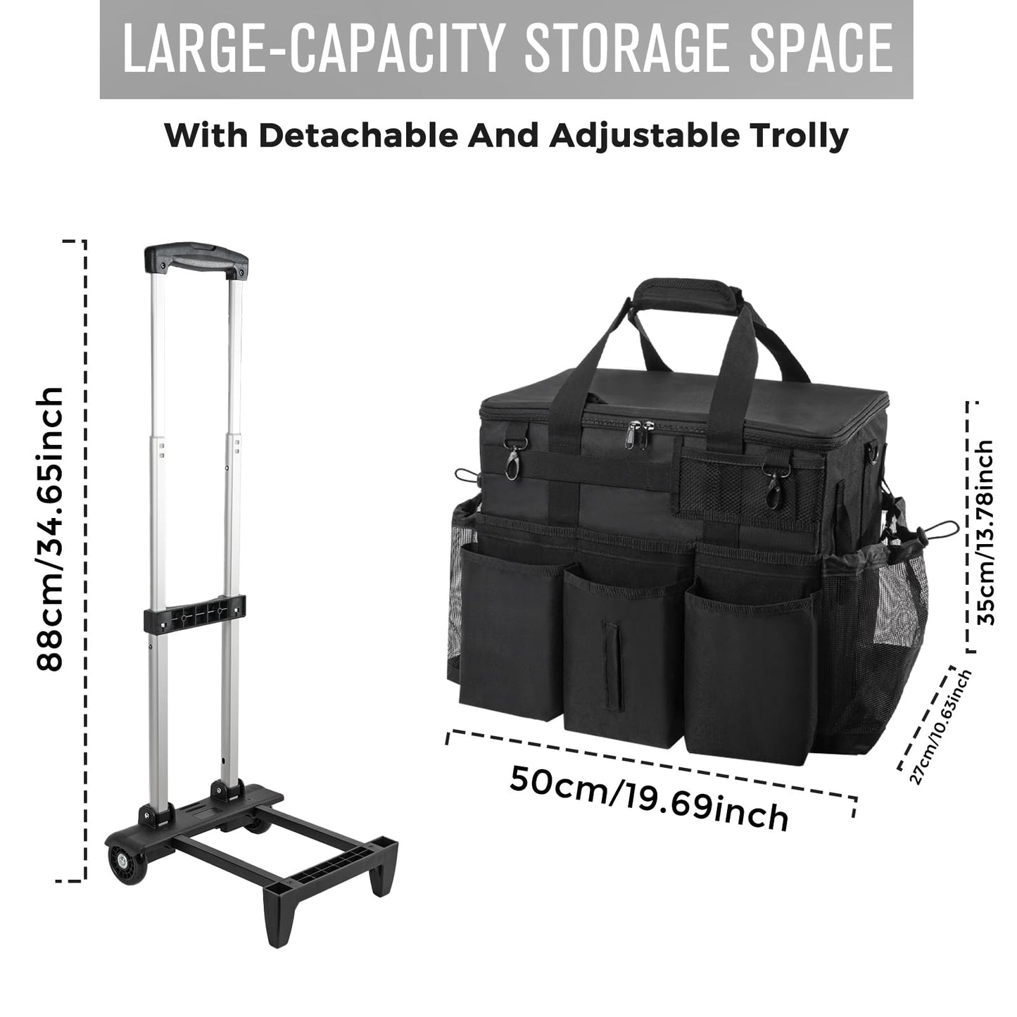 SCAVATA Rolling Cleaning Caddy Bag with Detachable Trolley, Large Cleaning Supplies Organizer with Wheels, Multi Pocket Cleaning Cart with Adjustable Shoulder Strap for Housekeepers & Home Use, Black