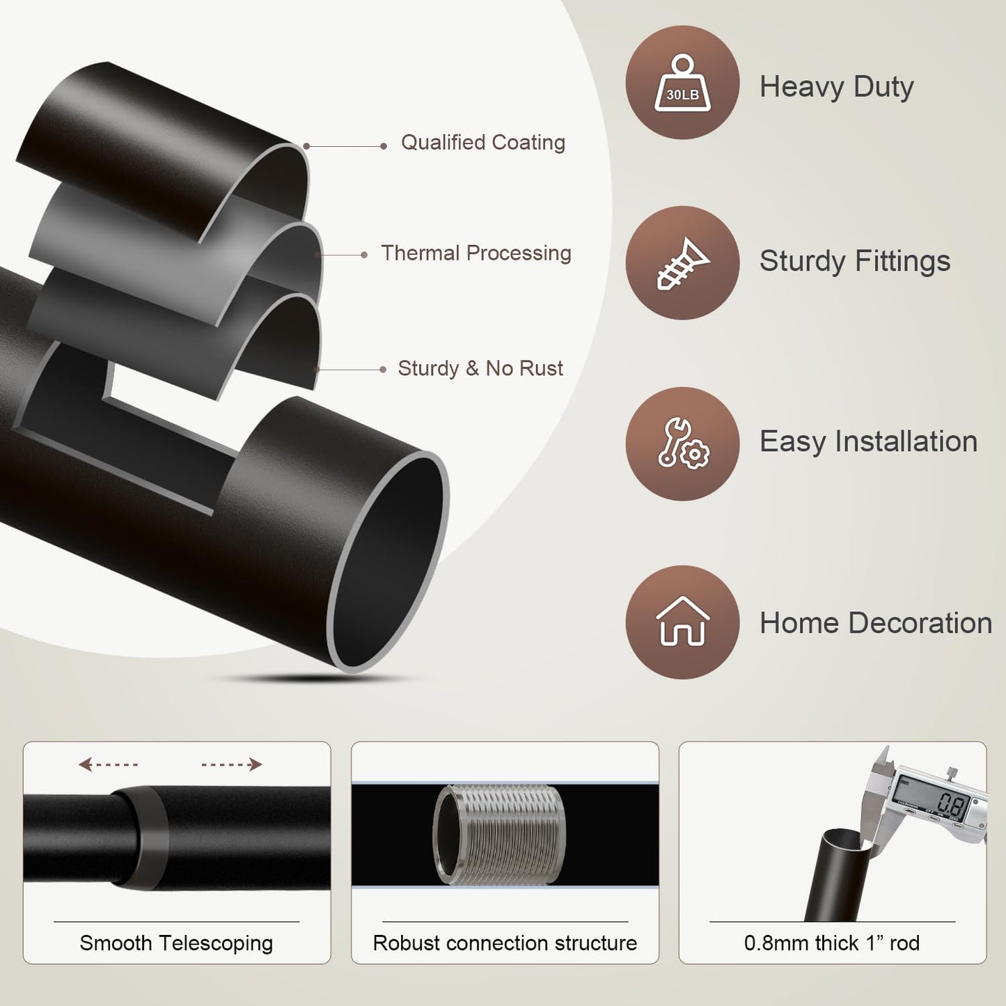 Lootkell 2 Pack Modern Black Curtain Rods Set for Windows 66 to 120 Inches Adjustable Length Heavy Duty 1" Diameter Window Curtain Rod with Decorative Finials for Outdoor Bedroom Kitchen Living Room
