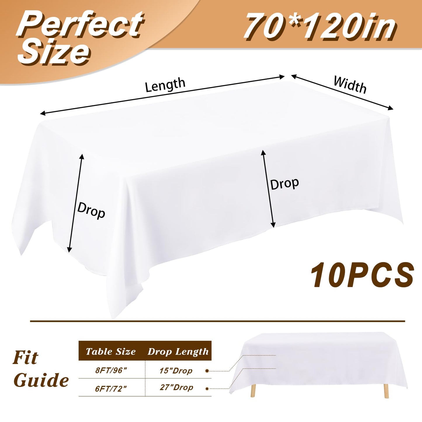 Fixwal 10 Pack White 70 x 120 Inch Rectangle Tablecloths, Reusable Heavy Duty Washable Polyester Table Covers for 6-8 Ft Tables, Wedding, Party Picnic, Camping