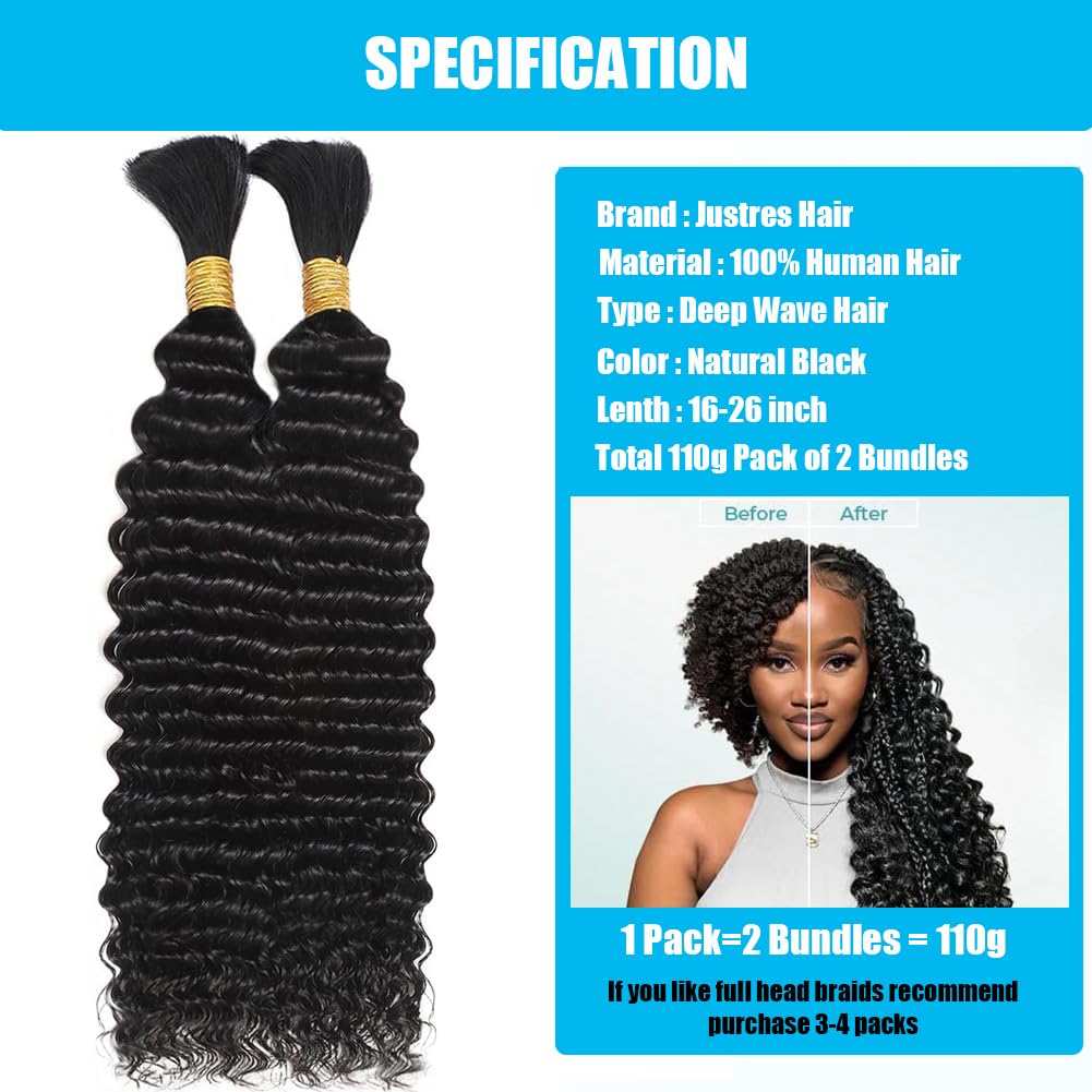 Human Braiding Hair Boho Braids Human Hair 110g 20 Inch Deep Water Wave Bulk Human Hair for Braiding No Weft Bundle 12A Brazilian Virgin Curly Hair Extensions Wet and Wavy Human Hair Braiding Hair