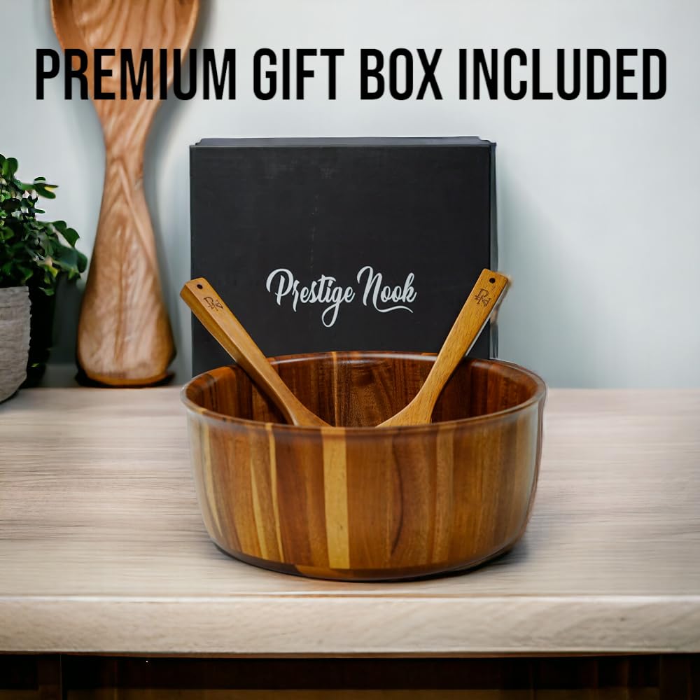 PRESTIGE NOOK Extra Large Wooden Salad Bowl - 12“ x 5” Acacia Wood Serving bowl with 2 servers, Large Fruit bowl for food with serving utensils, Housewarming Wedding Christmas Gift