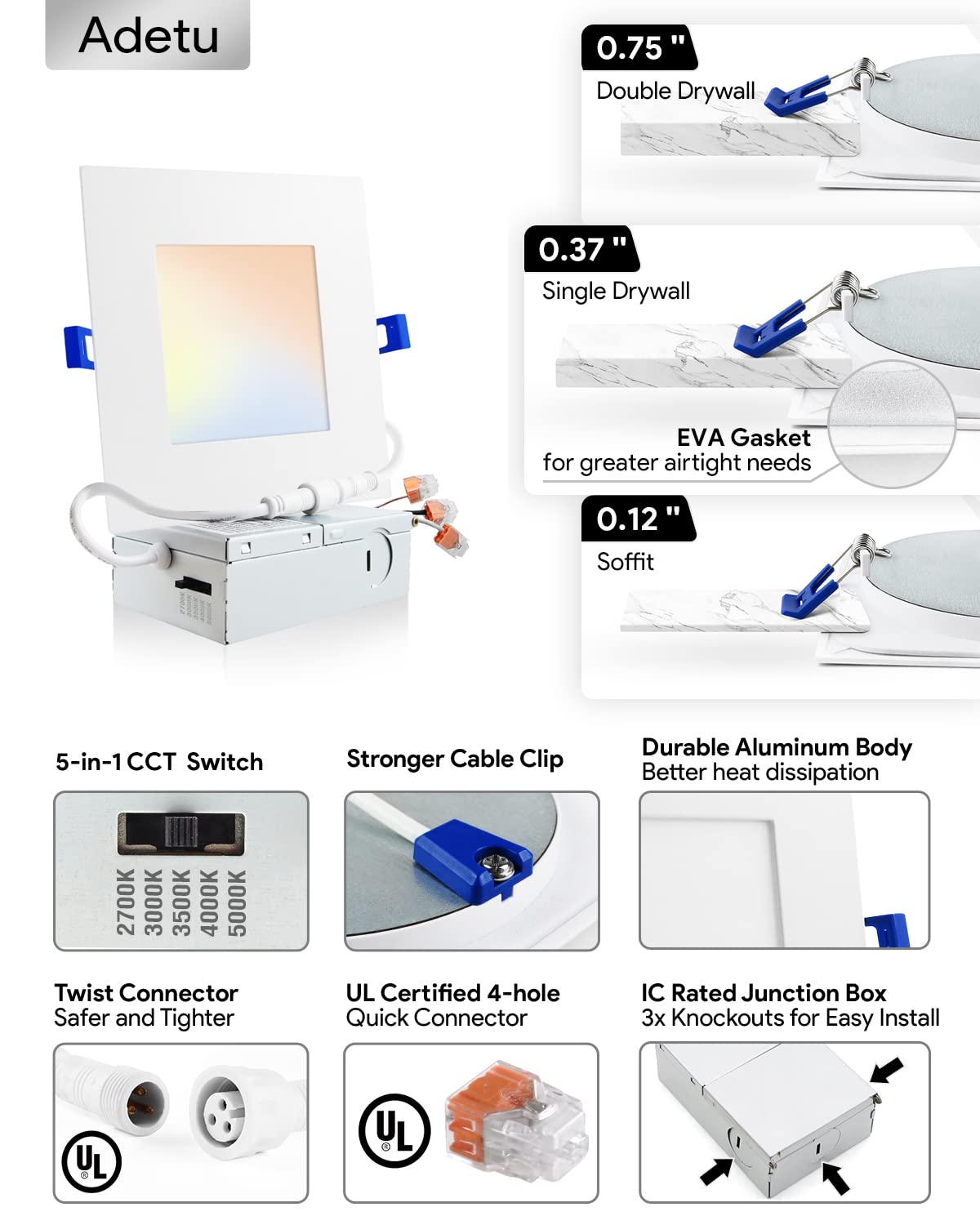 Adetu 6 Pack 6 inch Square Led Recessed Lighting,5CCT Ultra Thin Square Led Ceiling Light with Junction Box,14W 1190LM,CRI90,2700K-5000K Selectable,Dimmable Canless Downlight,ETL and Energy Star