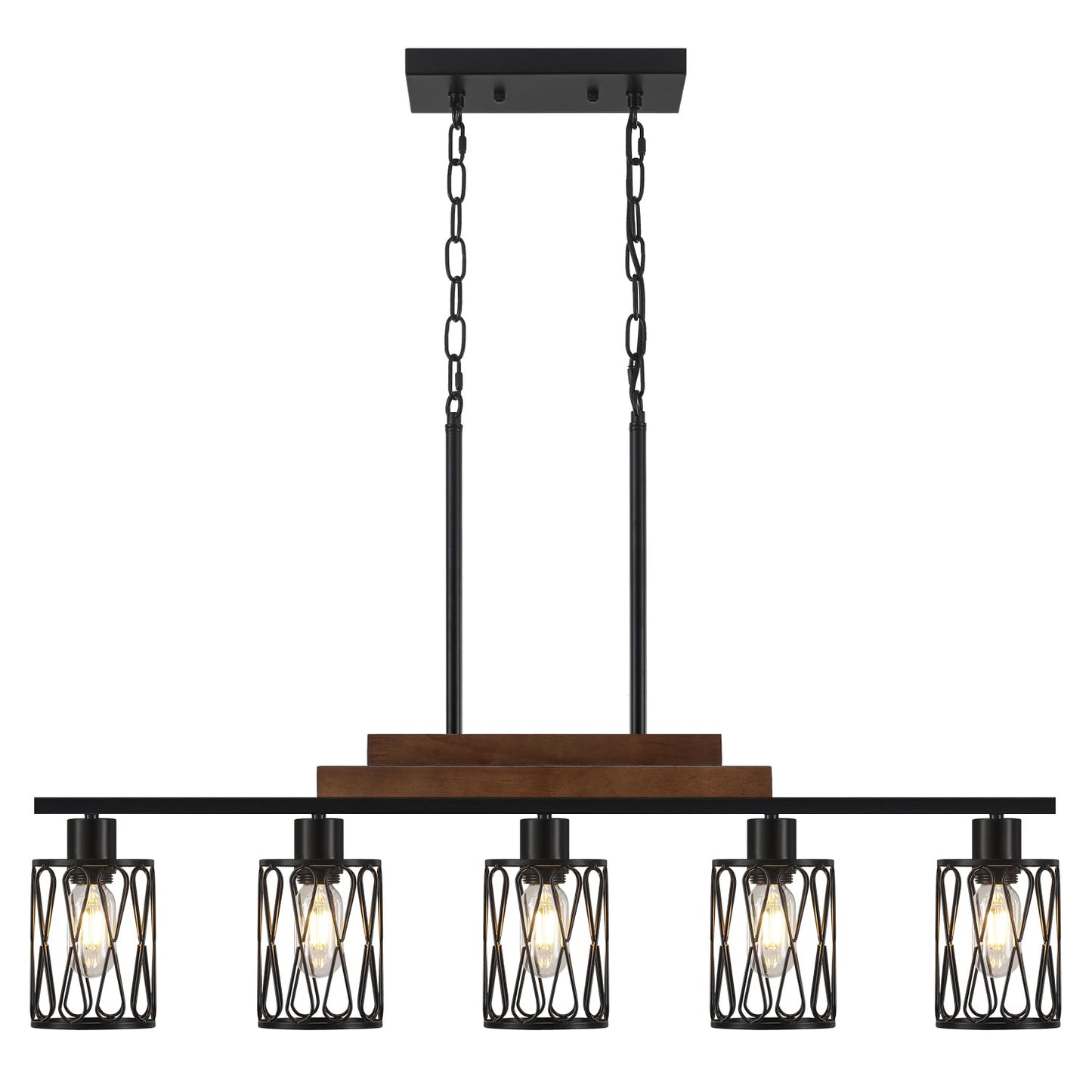 36.61'' Dining Room Light Fixtures Over Table,5-Light Farmhouse Kitchen Island Lighting Hanging with Metal Shade,Matte Black Rustic Wood Linear Pendant Island Light Fixtures for Dining Room Kitchen