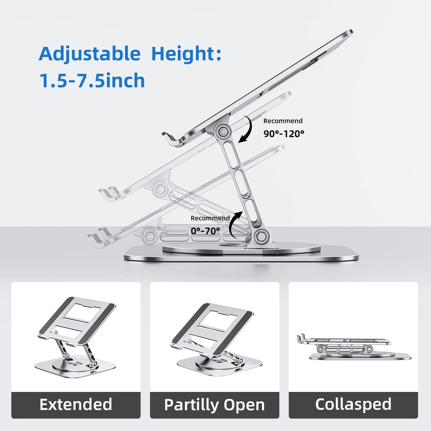 MCHOSE Adjustable Laptop Stand for Desk, Ergonomic Riser with 360° Rotating Base, Foldable Notebook Computer Holder Compatible MacBook Air Pro, Dell XPS, More 10-17" Laptops, Silver