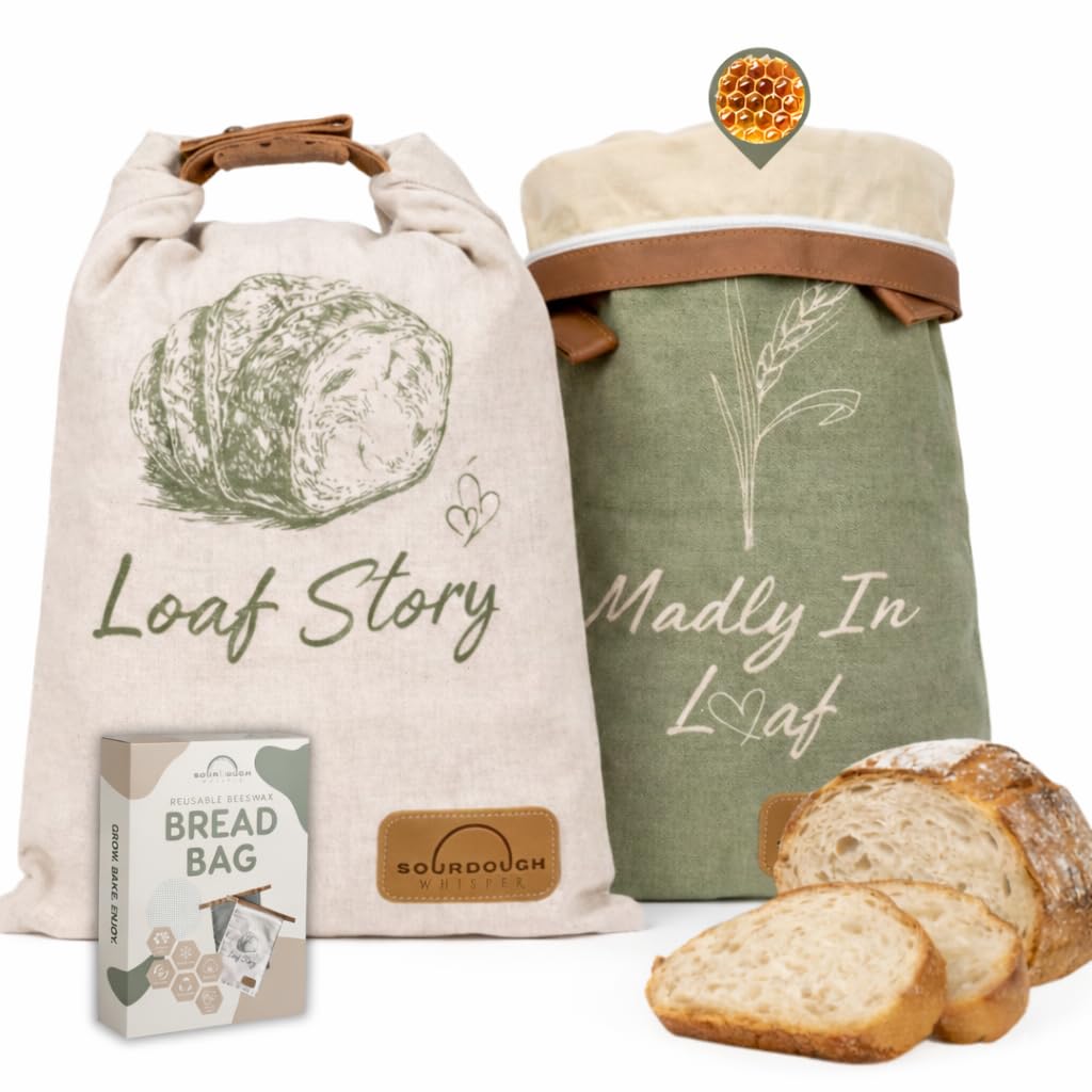 LOAF STORY By Sourdough Whisper, Double Lock Reusable Beeswax Bread Bags, Fully Open Zipper + Roll Top Seal, XL Airtight Bread Storage for Freezer & Fridge, 2 Pack