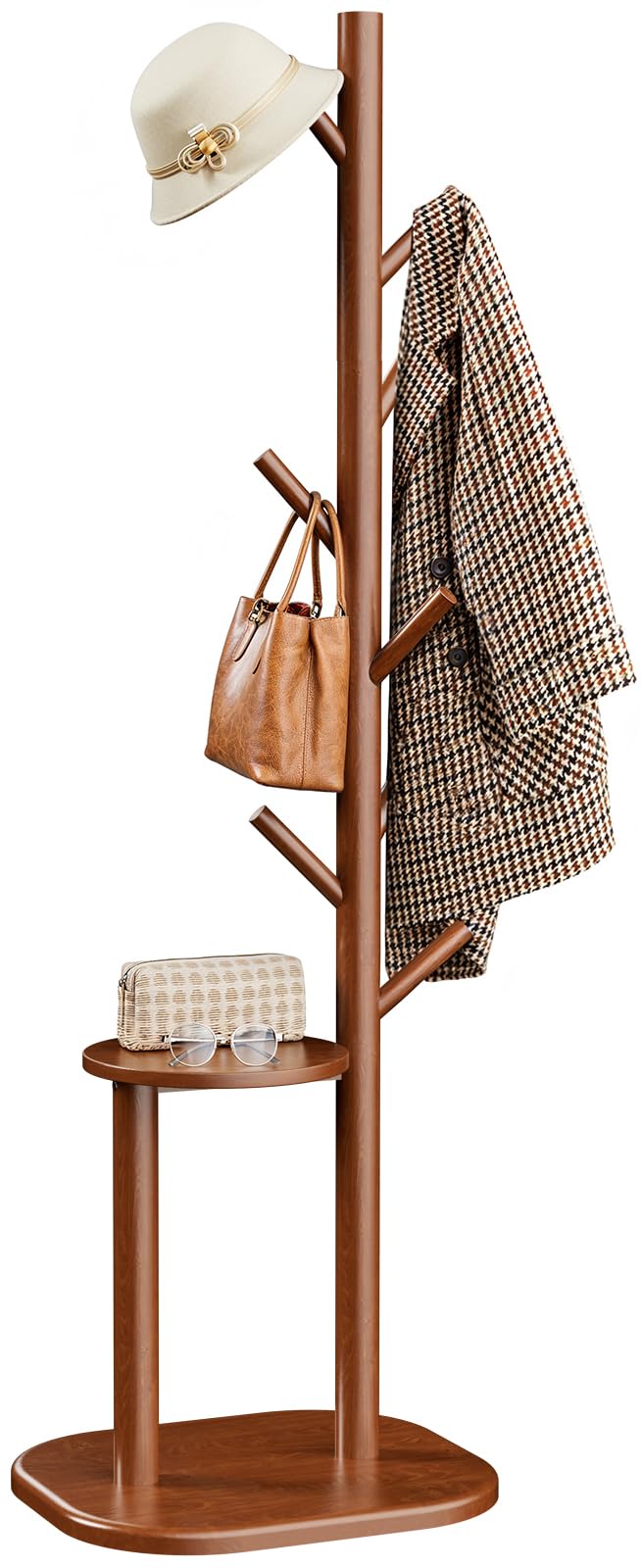 Pipishell Coat Rack, Freestanding Hall Tree with 8 Hooks & Storage Shelf, Solid Wood Base, 66.3″ Tall Coat Rack Stand for Coats, Hats, Bag in Entryway, Bedroom, Living Room, Brown