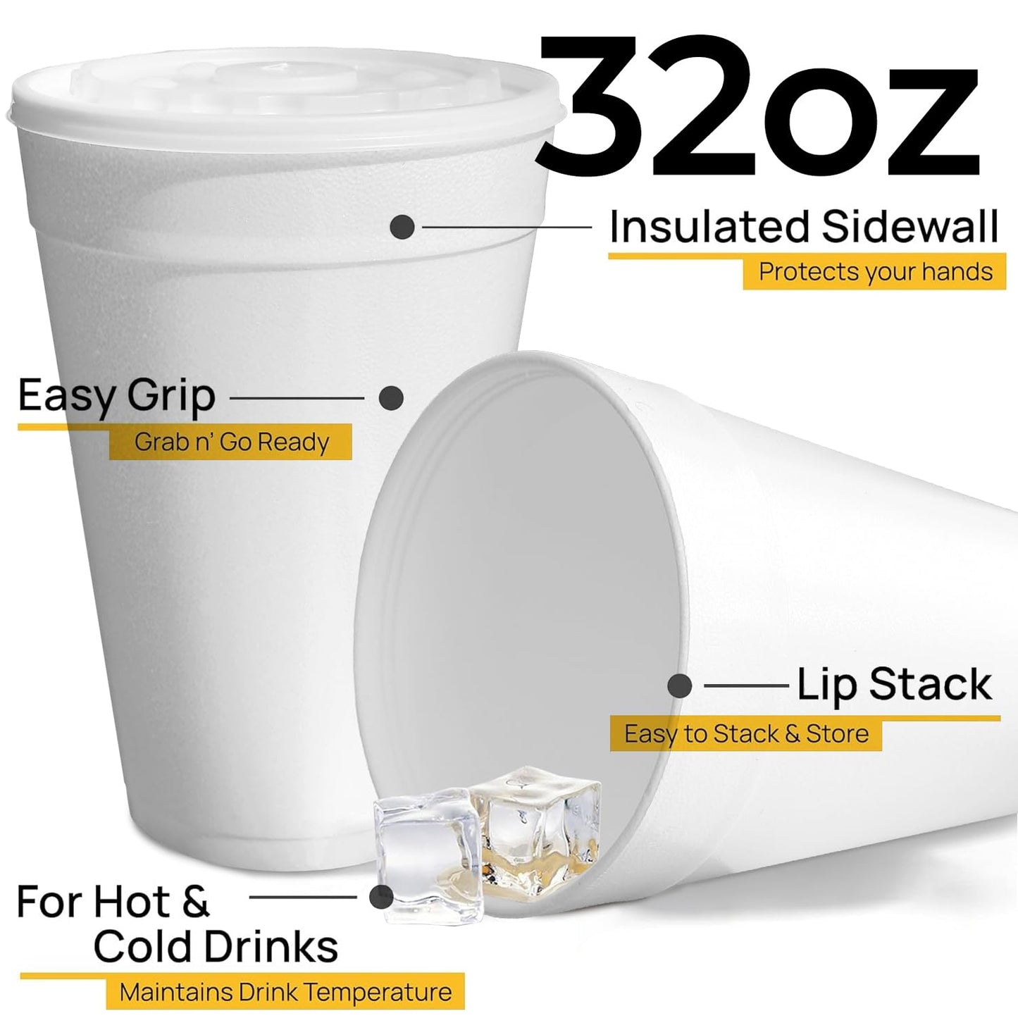 32 Oz Styrofoam Cups with Lids (50 Pack) Large Foam Cups for Hot and Cold Drinks, Insulated White Styrofoam Coffee Cups, Soda, Juice, Tea - Made in USA