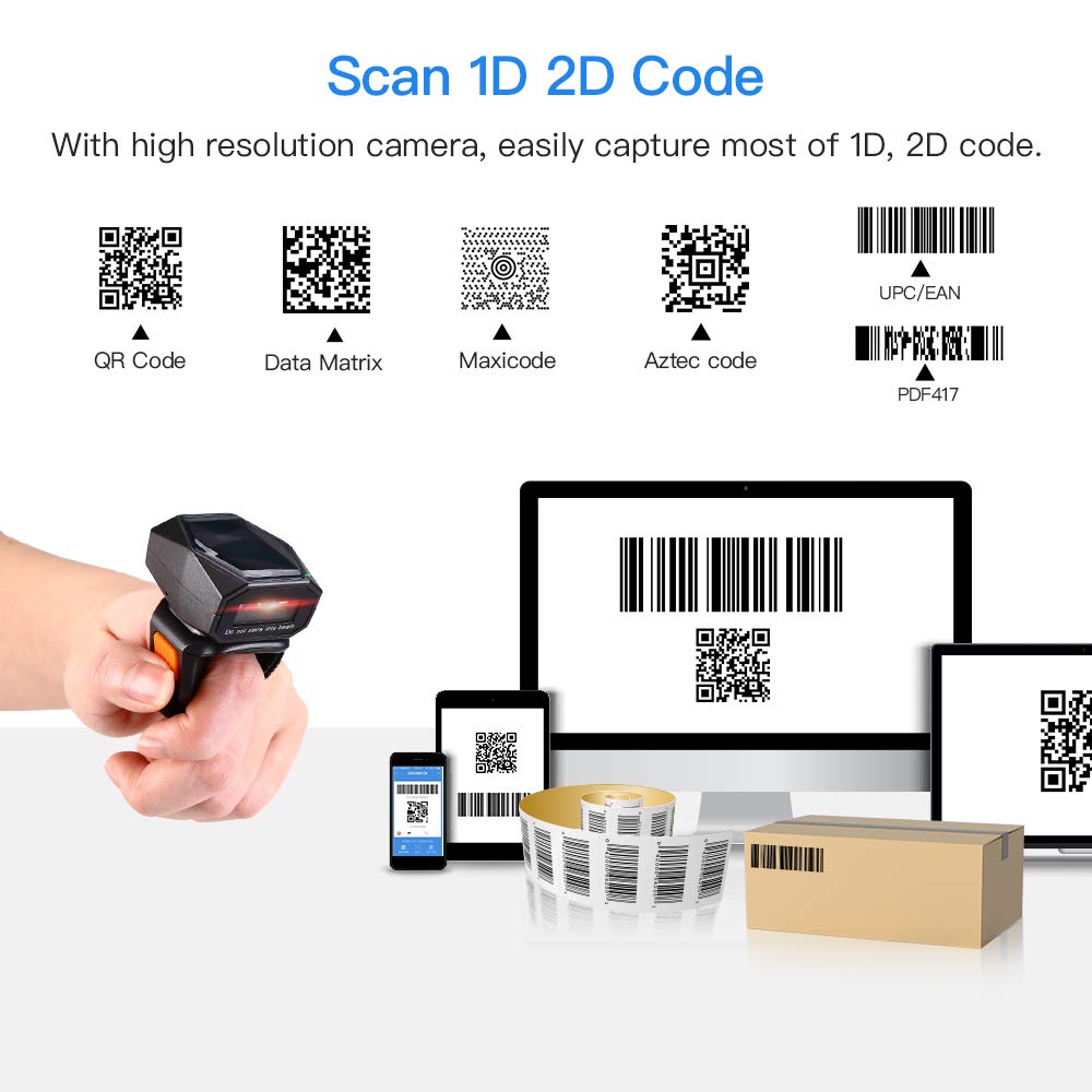 Eyoyo 2D Finger Ring Barcode Scanner, Mini Wearable 3-in-1 USB Wired & 2.4G Wireless & Bluetooth Scanner, Image 1D QR Bar Code Reader PDF417 Data Matrix Screen Scan Compatible with iPad, Phone, PC