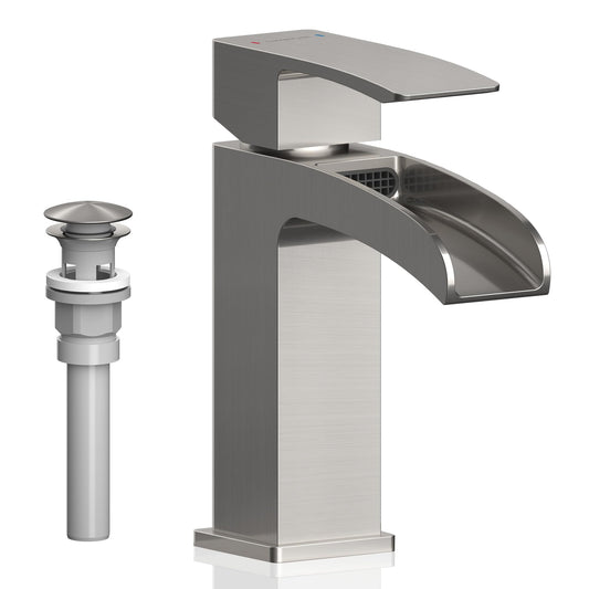 Lavatrum Brushed Nickel Bathroom Faucet Waterfall, Vanity Faucet Brass for Sink 1 Hole Single Handle Modern Mixer Tap with Pop-up Drain Stopper for Lavatory Farmhouse RV